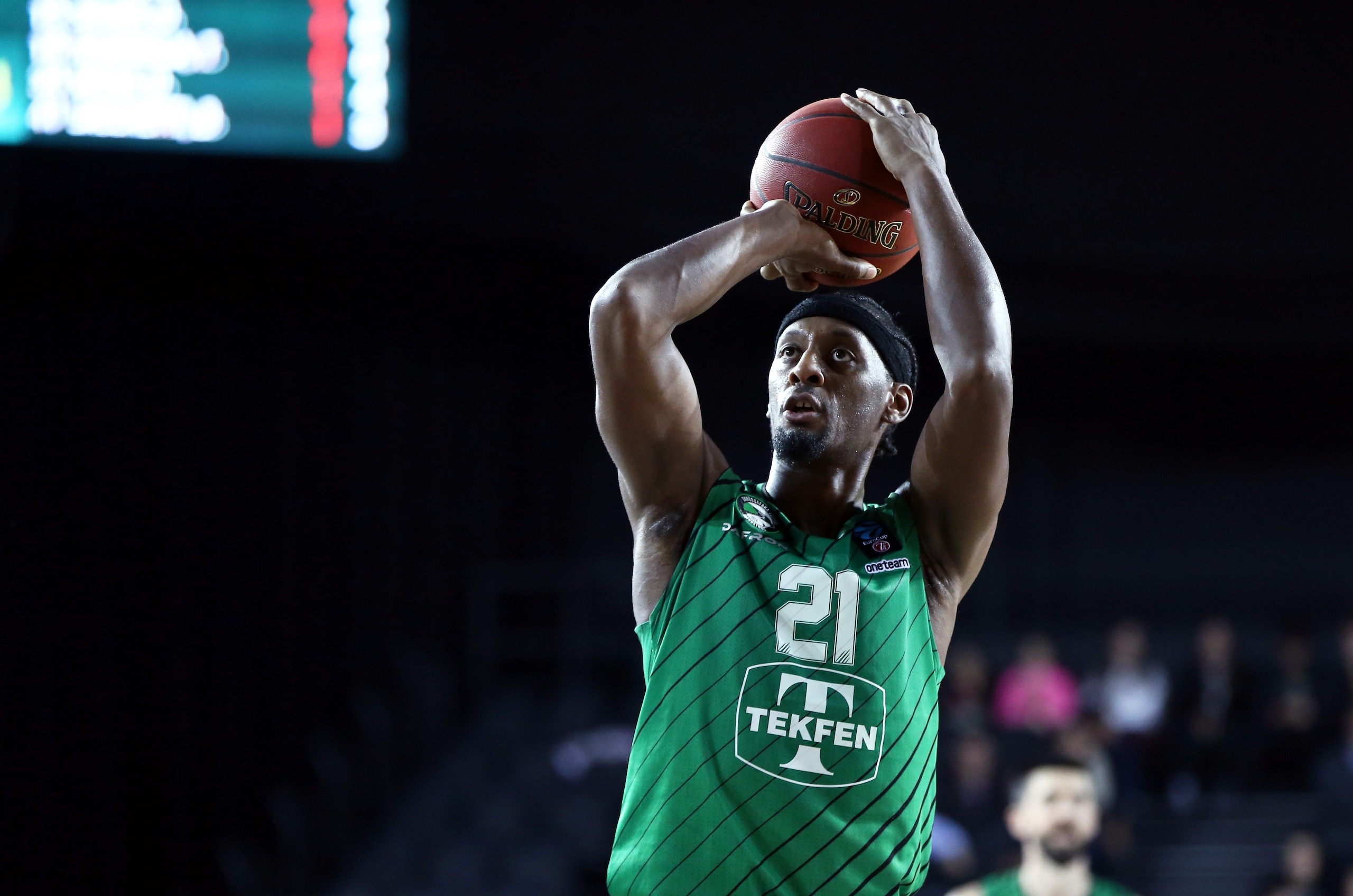 ISTANBUL, TURKEY - DECEMBER 10: Jarrod Jones of Darussafaka Tekfen in action during ULEB EuroCup Group C basketball match between Darussafaka Tekfen and Germani Brescia Leonessa at Volkswagen Arena in Istanbul, Turkey on December 10, 2019. (Photo by Mehmet Eser/Anadolu Agency via Getty Images)