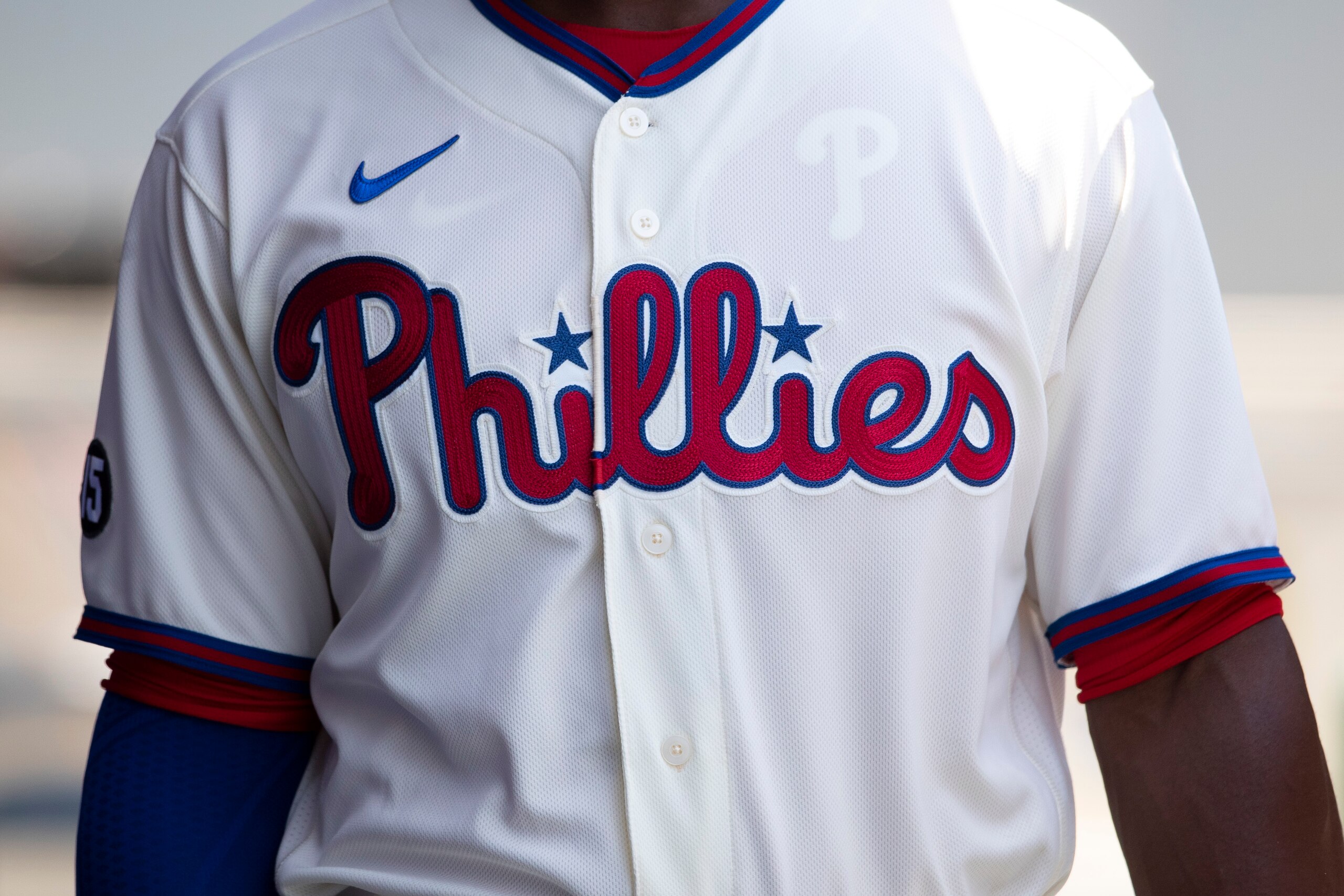 PHILADELPHIA, PA - MAY 23: A detailed view of the Philadelphia Phillies logo against the Boston Red Sox at Citizens Bank Park on May 23, 2021 in Philadelphia, Pennsylvania. The Phillies defeated the Red Sox 6-2. (Photo by Mitchell Leff/Getty Images)