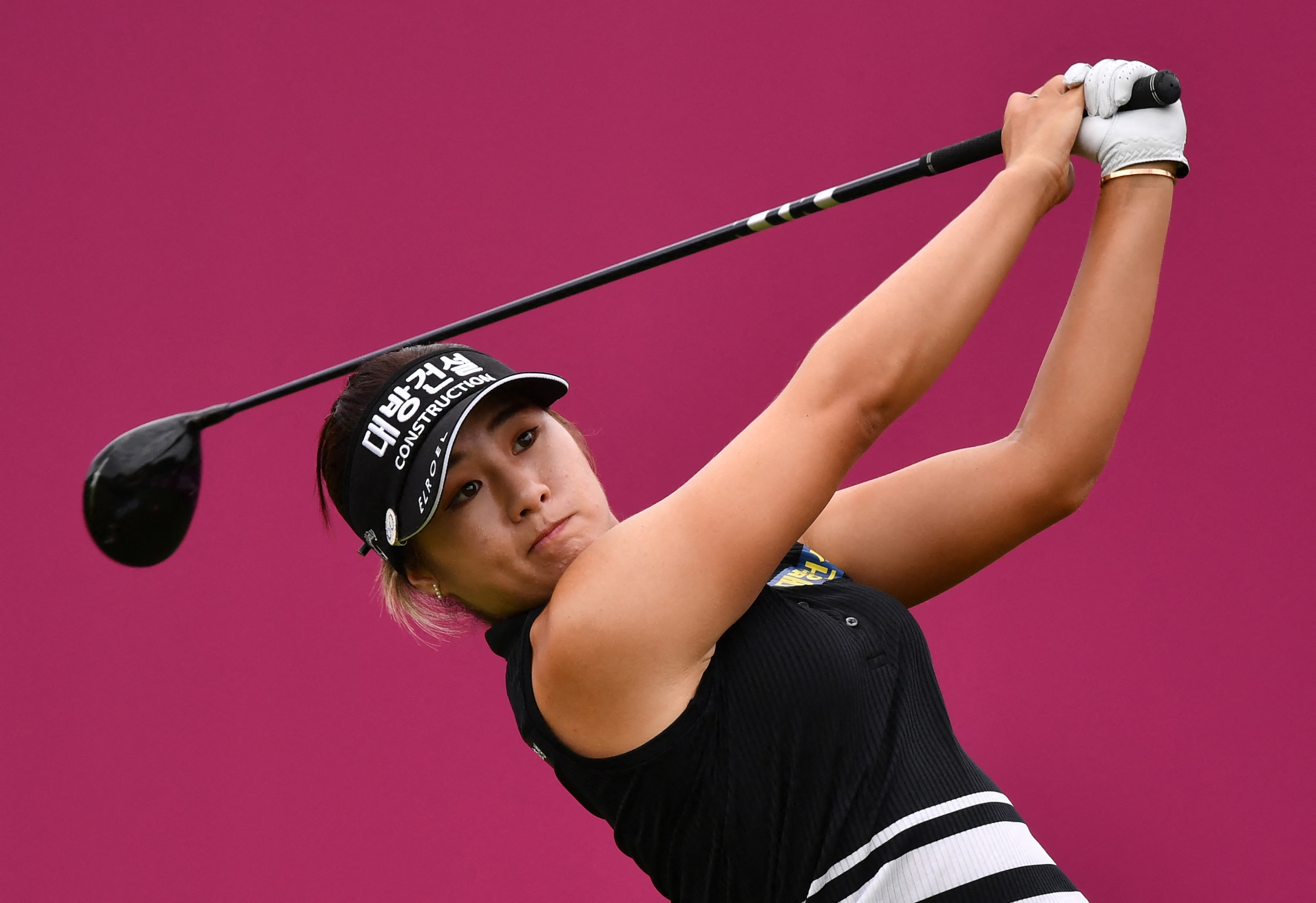 Jeongeun Lee6 from South Korea competes during the Amundi Evian Championship in the French Alps town of Evian-les-Bains, a major tournament on the women's calendar, on July 24, 2021. - South Korea's Lee6 Jeongeun equalled the lowest score ever in a major golf championship with a second round 61, but she still had a couple of Thai golfers snapping at her heels at the halfway stage of the Evian Championship on July 23. (Photo by PHILIPPE DESMAZES / AFP) (Photo by PHILIPPE DESMAZES/AFP via Getty Images)