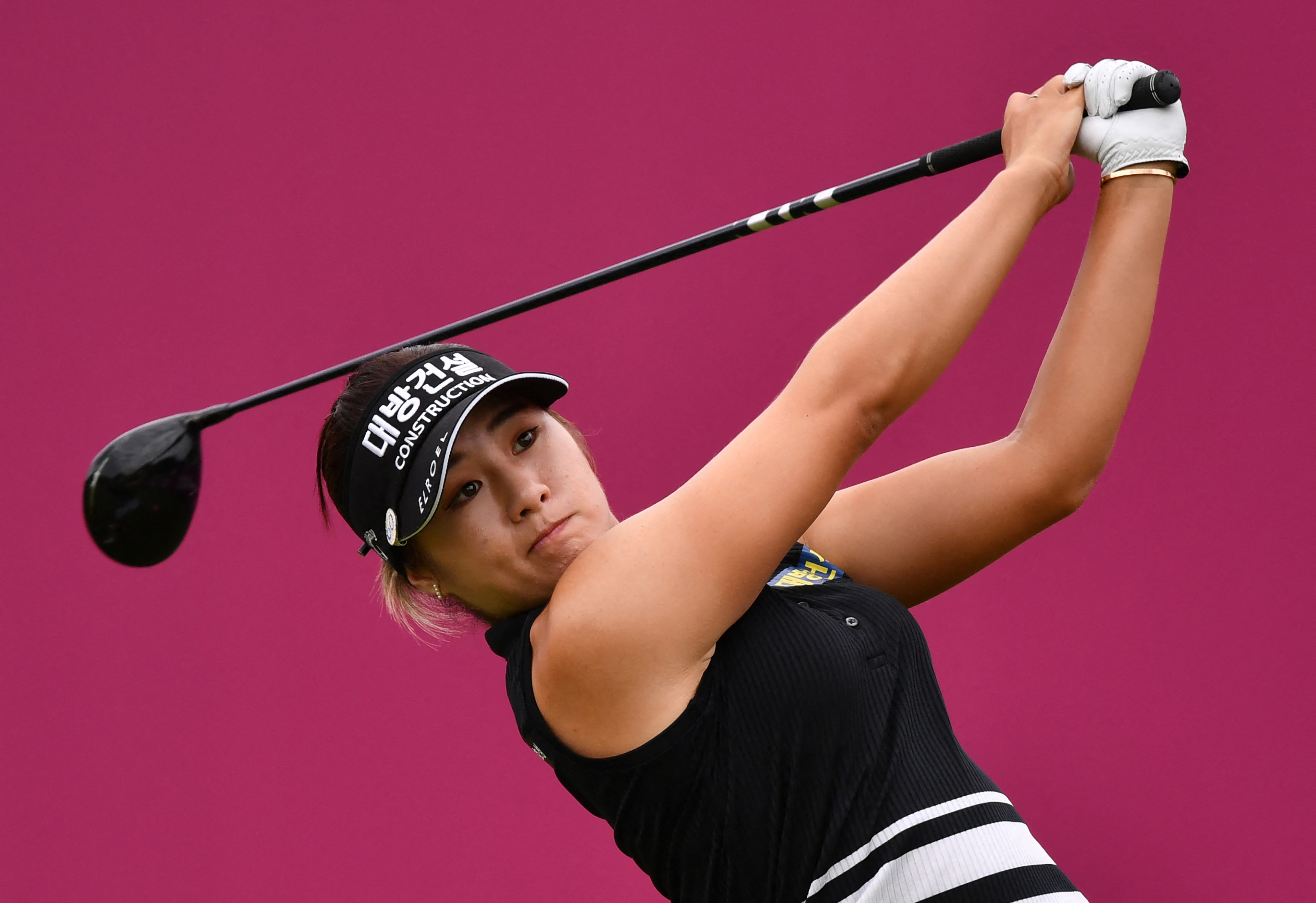 Jeongeun Lee6 from South Korea competes during the Amundi Evian Championship in the French Alps town of Evian-les-Bains, a major tournament on the women's calendar, on July 24, 2021. - South Korea's Lee6 Jeongeun equalled the lowest score ever in a major golf championship with a second round 61, but she still had a couple of Thai golfers snapping at her heels at the halfway stage of the Evian Championship on July 23. (Photo by PHILIPPE DESMAZES / AFP) (Photo by PHILIPPE DESMAZES/AFP via Getty Images)