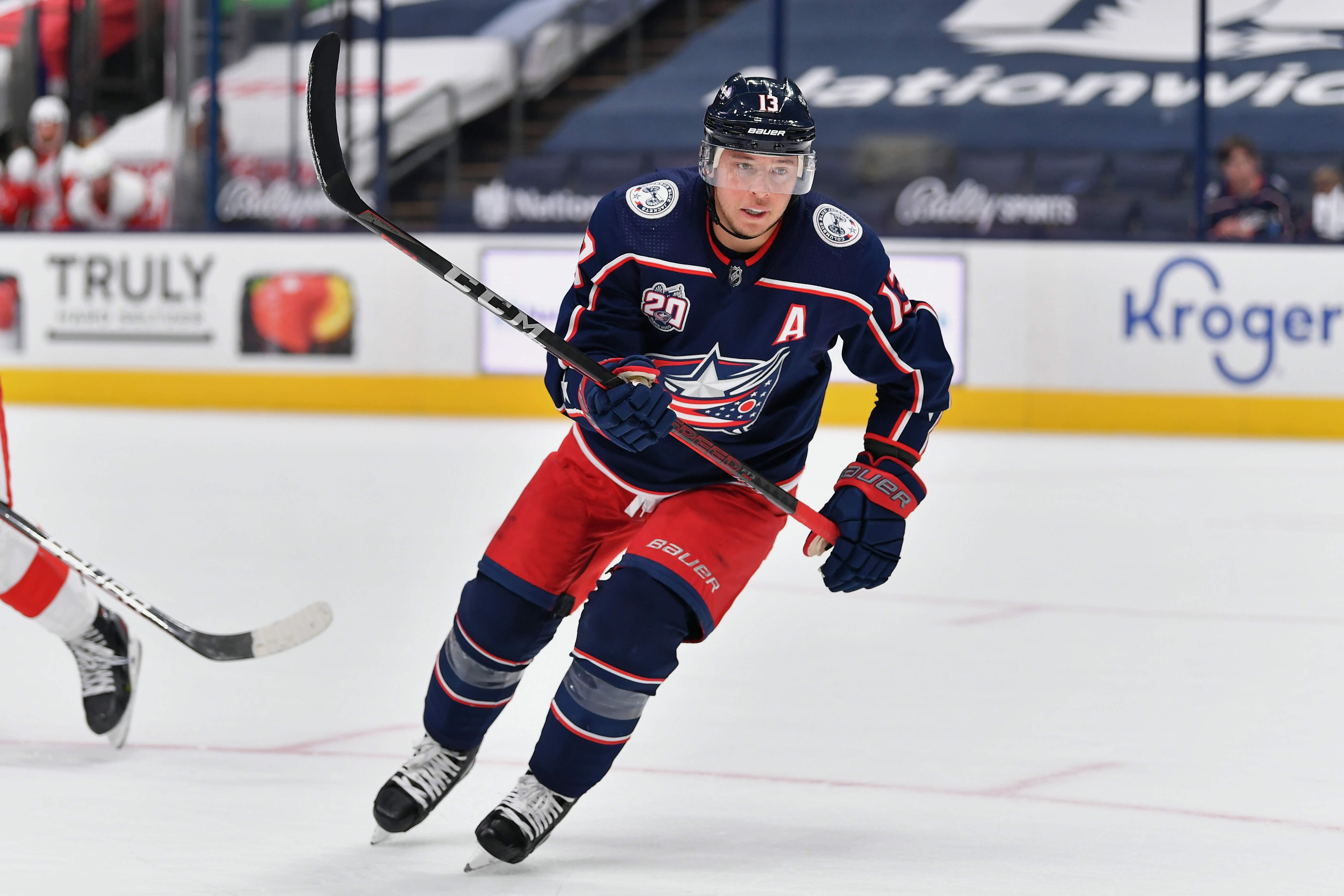 COLUMBUS, OH - MAY 8:  Cam Atkinson #13 of the Columbus Blue Jackets skates against the Detroit Red Wings at Nationwide Arena on May 8, 2021 in Columbus, Ohio.  (Photo by Jamie Sabau/NHLI via Getty Images)