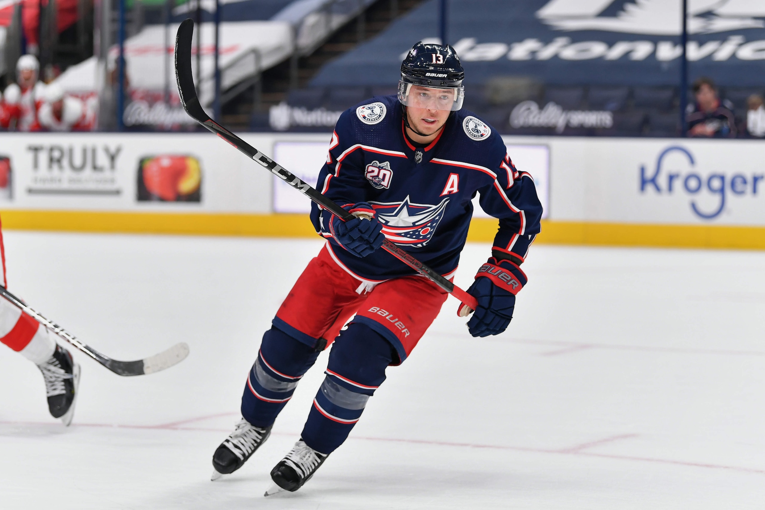 COLUMBUS, OH - MAY 8:  Cam Atkinson #13 of the Columbus Blue Jackets skates against the Detroit Red Wings at Nationwide Arena on May 8, 2021 in Columbus, Ohio.  (Photo by Jamie Sabau/NHLI via Getty Images)