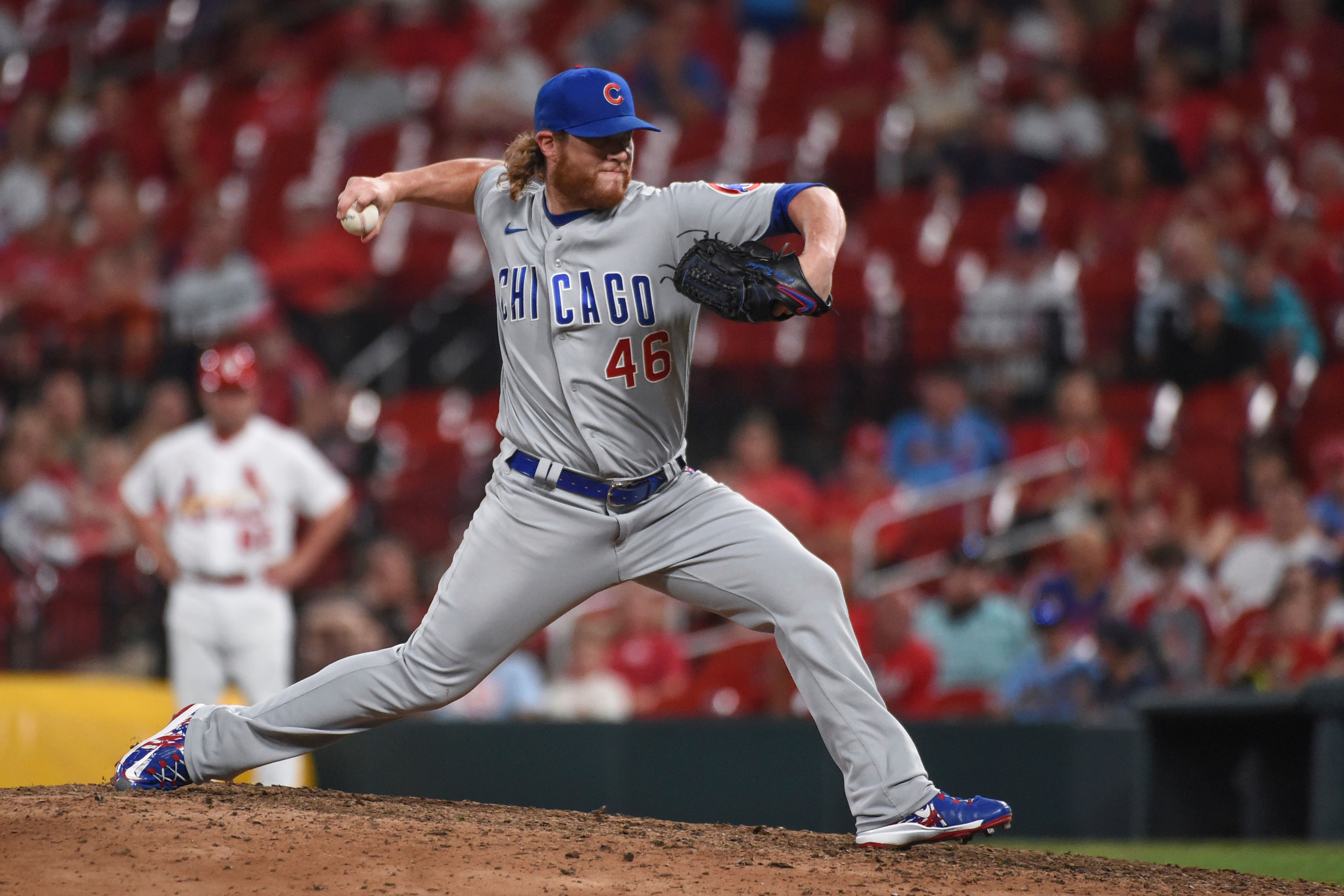 Chicago Cubs relief pitcher Craig Kimbrel throws during the ninth inning of the team's baseball game against the St. Louis Cardinals on Tuesday, July 20, 2021, in St. Louis. (AP Photo/Joe Puetz)