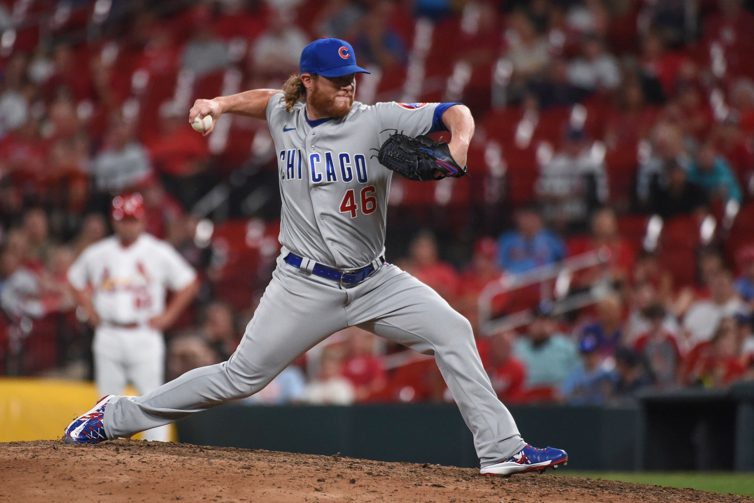 Chicago Cubs relief pitcher Craig Kimbrel throws during the ninth inning of the team's baseball game against the St. Louis Cardinals on Tuesday, July 20, 2021, in St. Louis. (AP Photo/Joe Puetz)