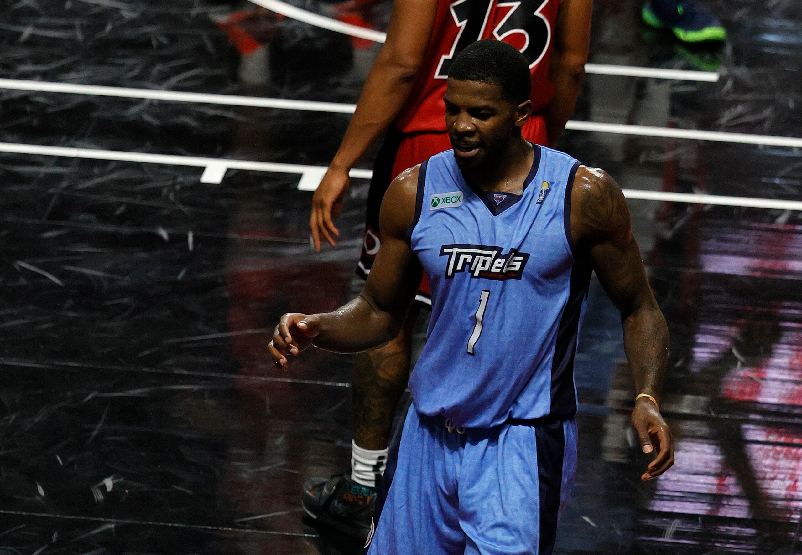 LAS VEGAS, NEVADA - JULY 24: Joe Johnson #1 of Triplets celebrates a game winning shot against Trilogy during week three of the BIG3 at the Orleans Arena on July 24, 2021 in Las Vegas, Nevada. (Photo by Ethan Miller/Getty Images)