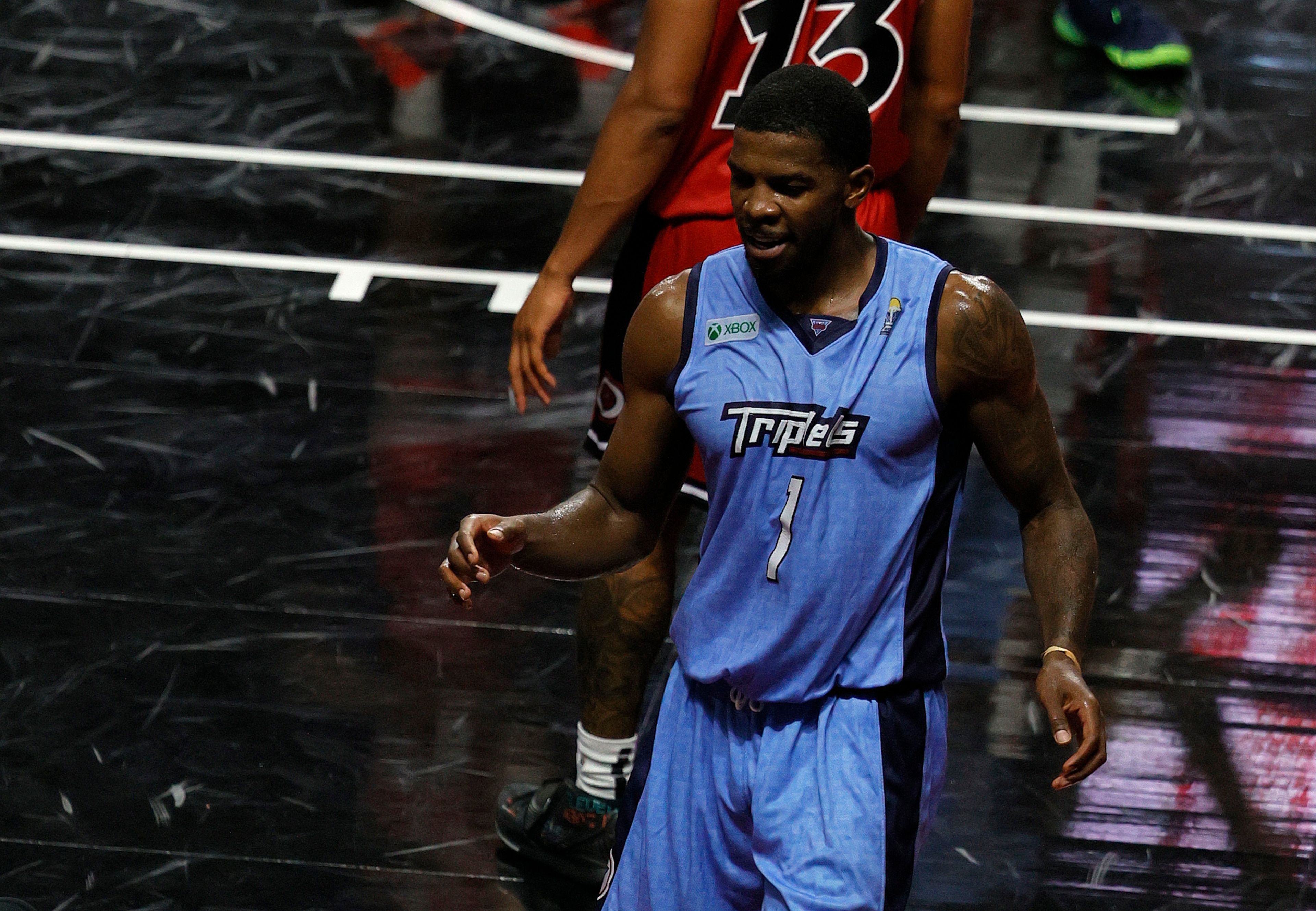LAS VEGAS, NEVADA - JULY 24: Joe Johnson #1 of Triplets celebrates a game winning shot against Trilogy during week three of the BIG3 at the Orleans Arena on July 24, 2021 in Las Vegas, Nevada. (Photo by Ethan Miller/Getty Images)