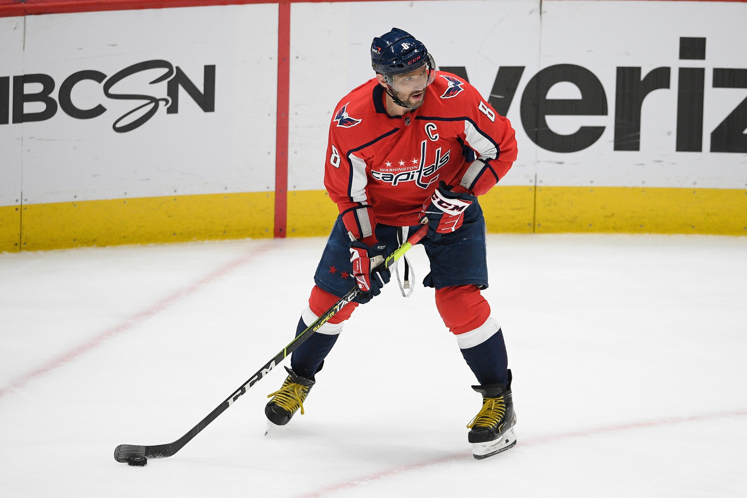 Washington Capitals left wing Alex Ovechkin (8) skates with the puck during the second period in Game 5 of an NHL hockey Stanley Cup first-round playoff series against the Boston Bruins, Sunday, May 23, 2021, in Washington. (AP Photo/Nick Wass) Washington Capitals left wing Alex Ovechkin (8) skates with the puck during the second period in Game 5 of an NHL hockey Stanley Cup first-round playoff series against the Boston Bruins, Sunday, May 23, 2021, in Washington. (AP Photo/Nick Wass)
