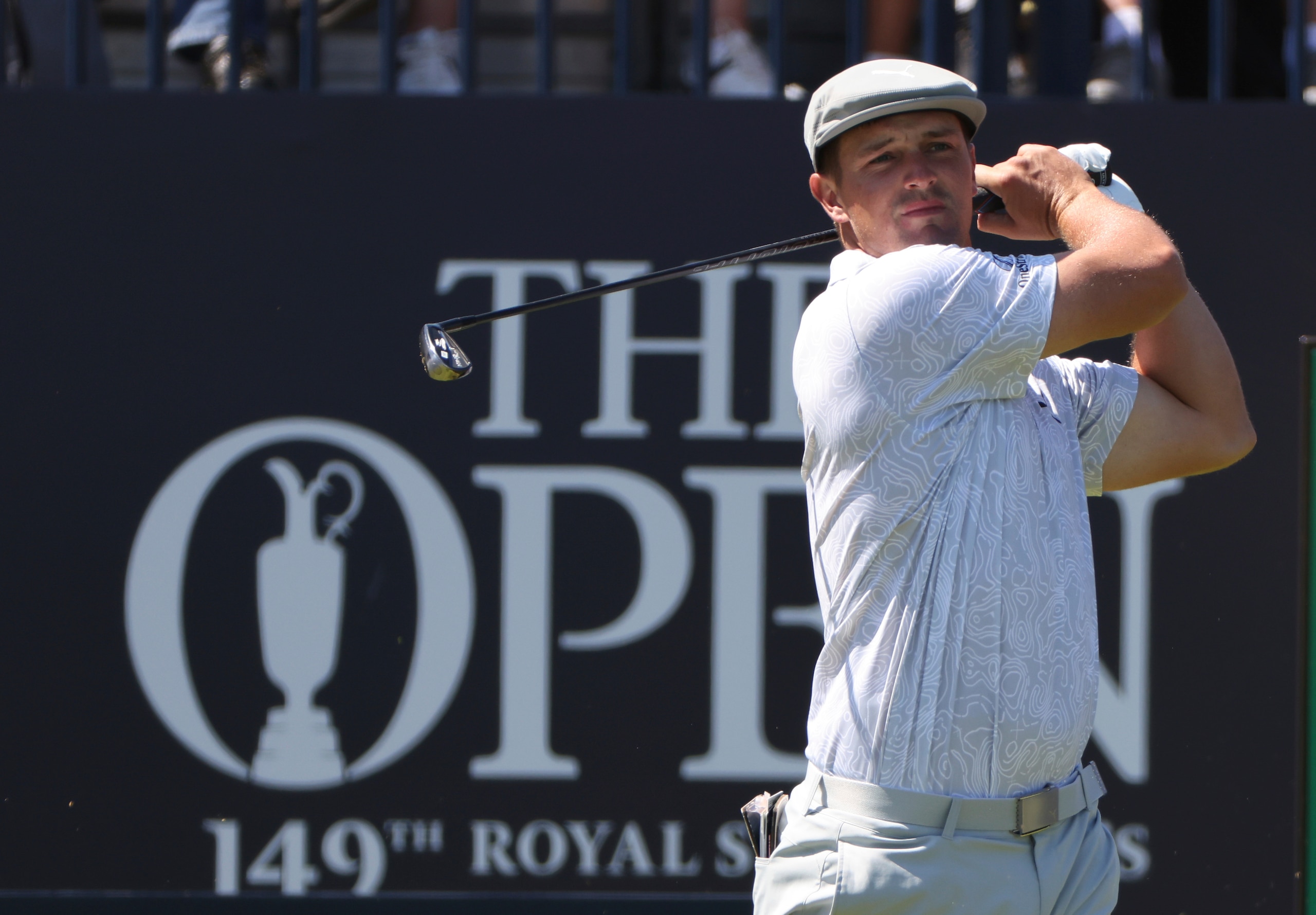 United States' Bryson DeChambeau play his tee shot from the 1st during the second round of the British Open Golf Championship at Royal St George's golf course Sandwich, England, Friday, July 16, 2021. (AP Photo/Ian Walton)
