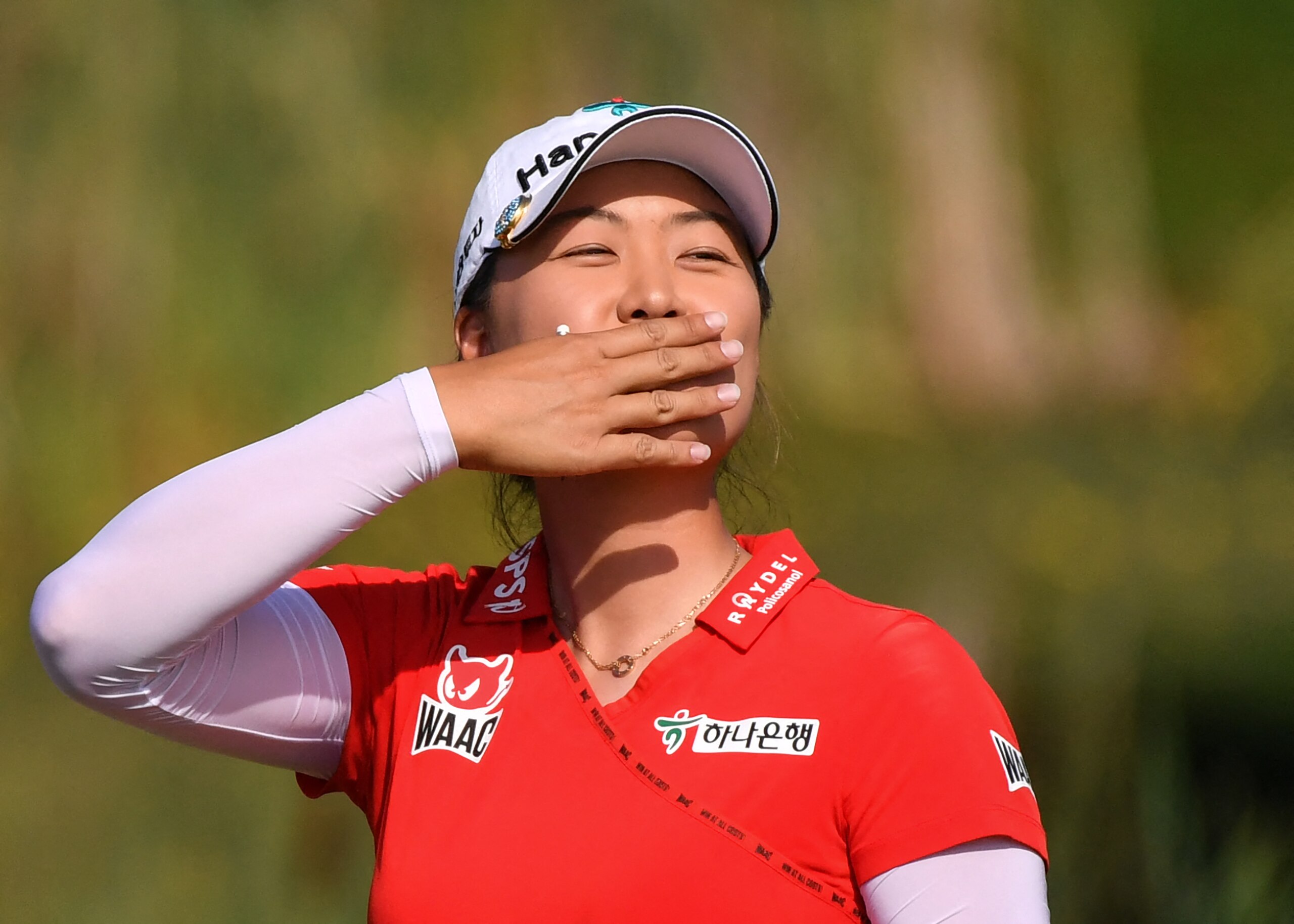 Minjee Lee from Australia celebrates after winning the Amundi Evian Championship in the French Alps town of Evian-les-Bains, a major tournament on the women's calendar, on July 25, 2021. (Photo by PHILIPPE DESMAZES / AFP) (Photo by PHILIPPE DESMAZES/AFP via Getty Images)