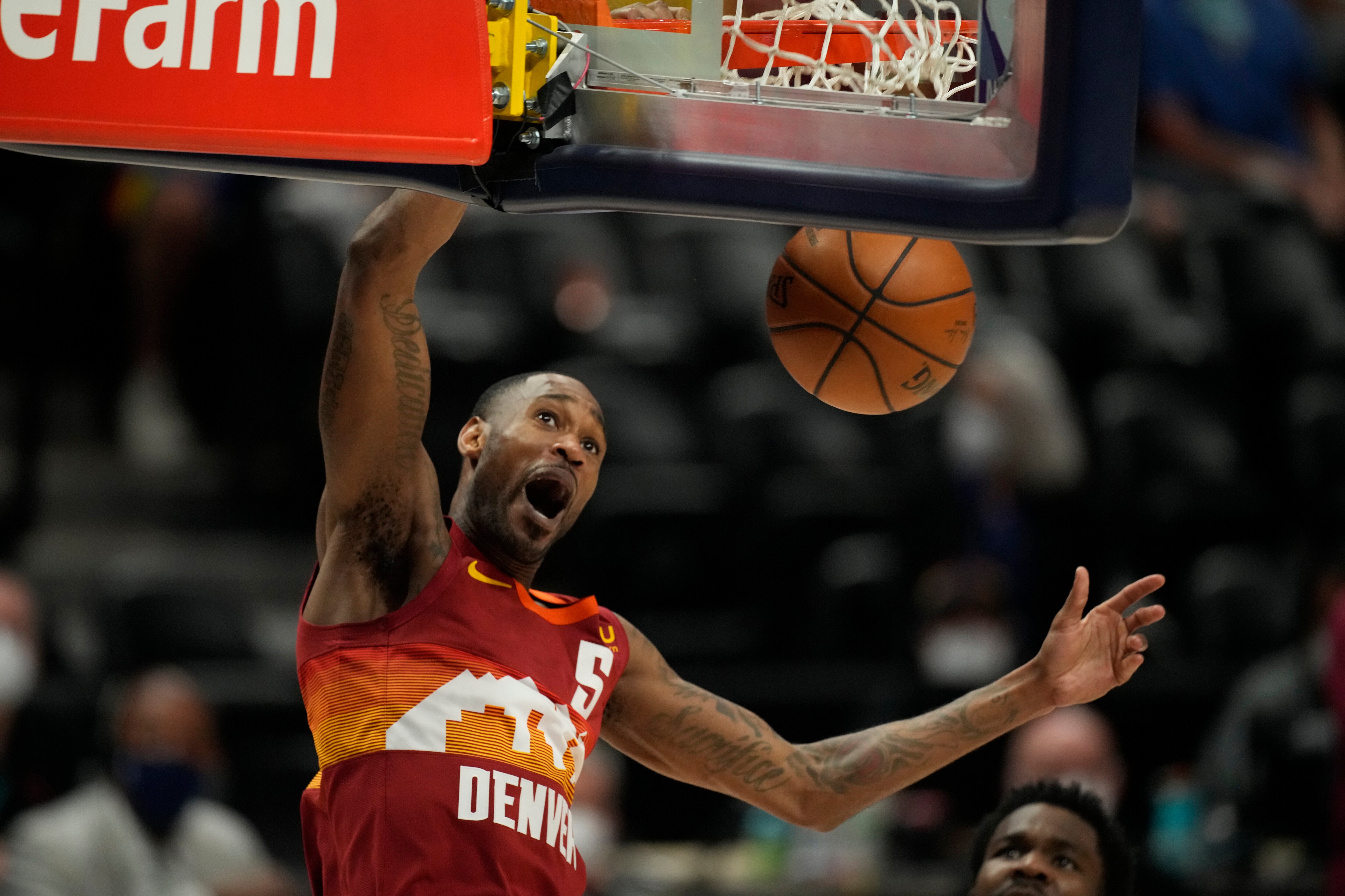 Denver Nuggets forward Will Barton (5) in the second half of Game 4 of an NBA second-round playoff series Sunday, June 13, 2021, in Denver. (AP Photo/David Zalubowski)