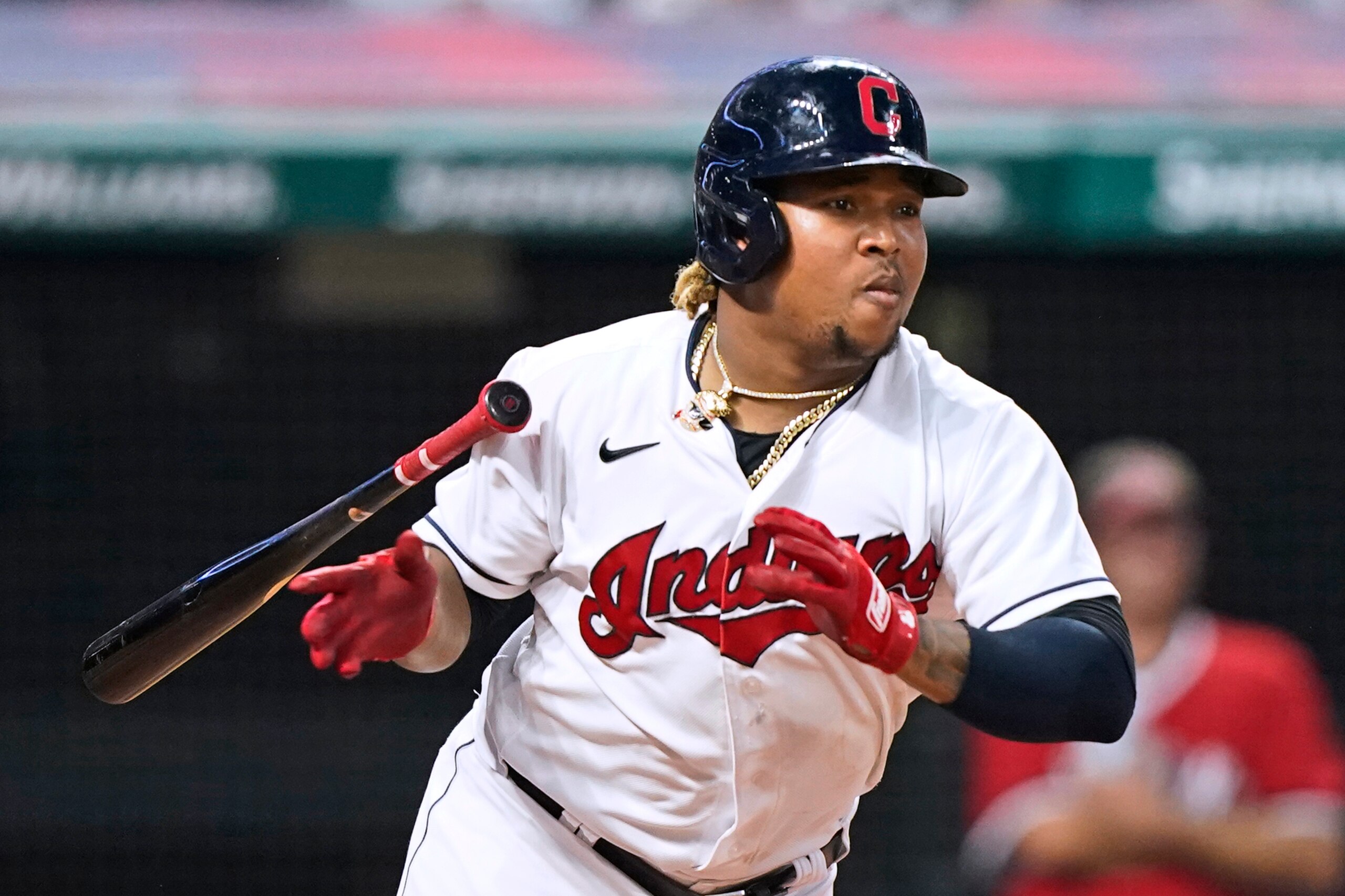 Cleveland Indians' Jose Ramirez grounds out in the sixth inning of the team's baseball game against the Tampa Bay Rays, Saturday, July 24, 2021, in Cleveland. Bradley Zimmer scored. (AP Photo/Tony Dejak)