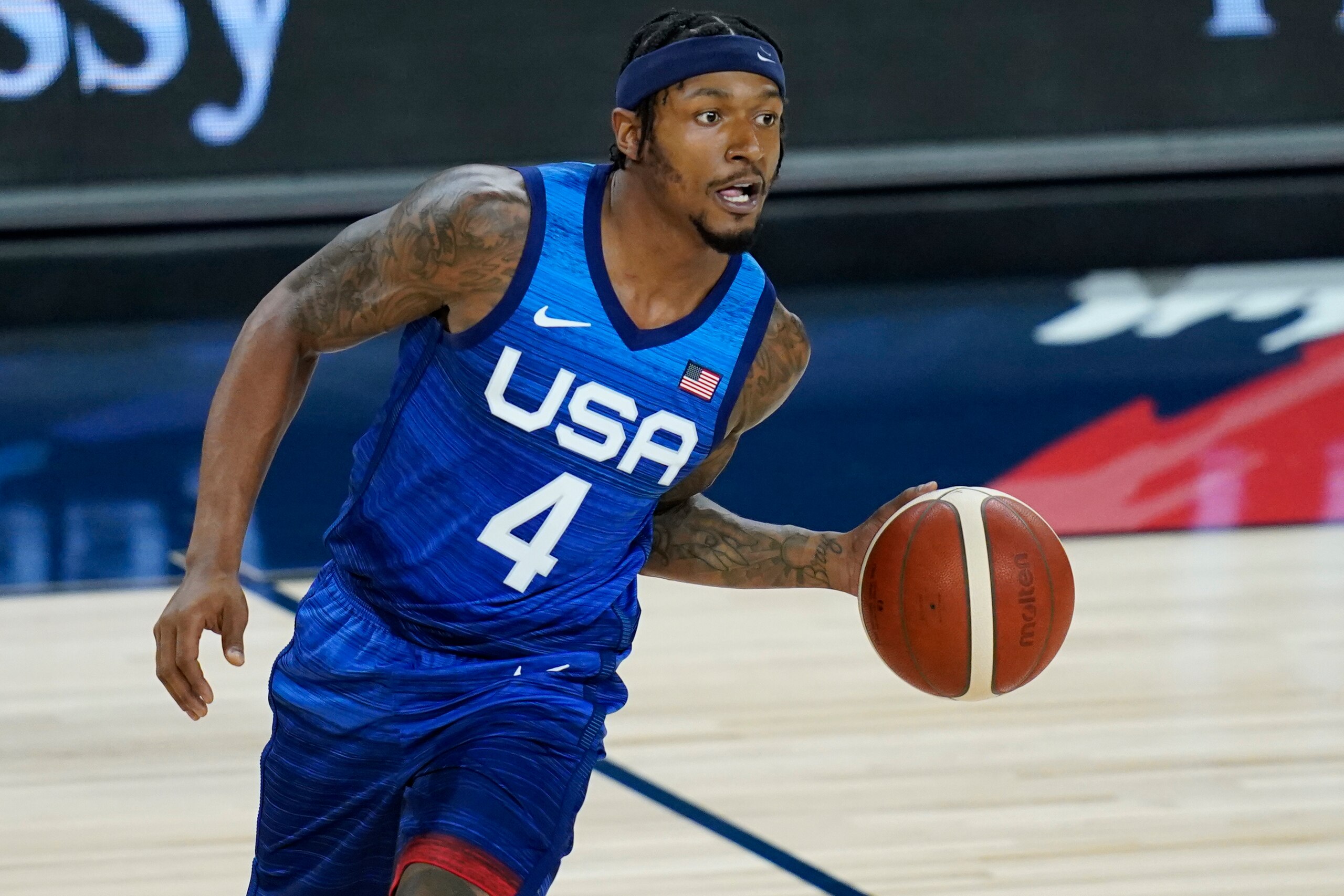 United States' Bradley Beal plays against Australia during an exhibition basketball game Monday, July 12, 2021, in Las Vegas. (AP Photo/John Locher) United States' Bradley Beal plays against Australia during an exhibition basketball game Monday, July 12, 2021, in Las Vegas. (AP Photo/John Locher)
