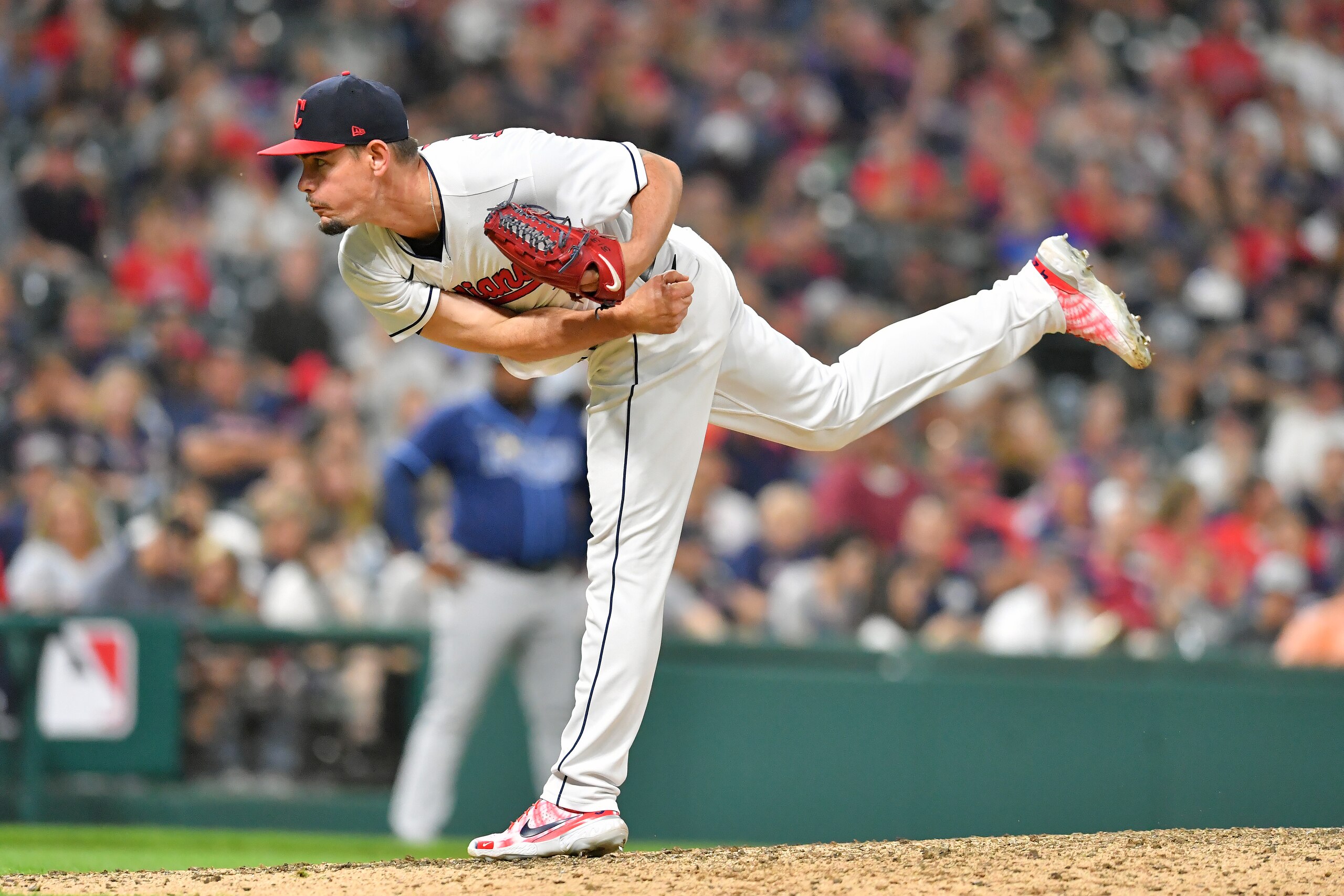 CLEVELAND, OHIO - JULY 23: Relief pitcher Nick Wittgren #62 of the Cleveland Indians pitches during the ninth inning against the Tampa Bay Rays at Progressive Field on July 23, 2021 in Cleveland, Ohio. (Photo by Jason Miller/Getty Images)