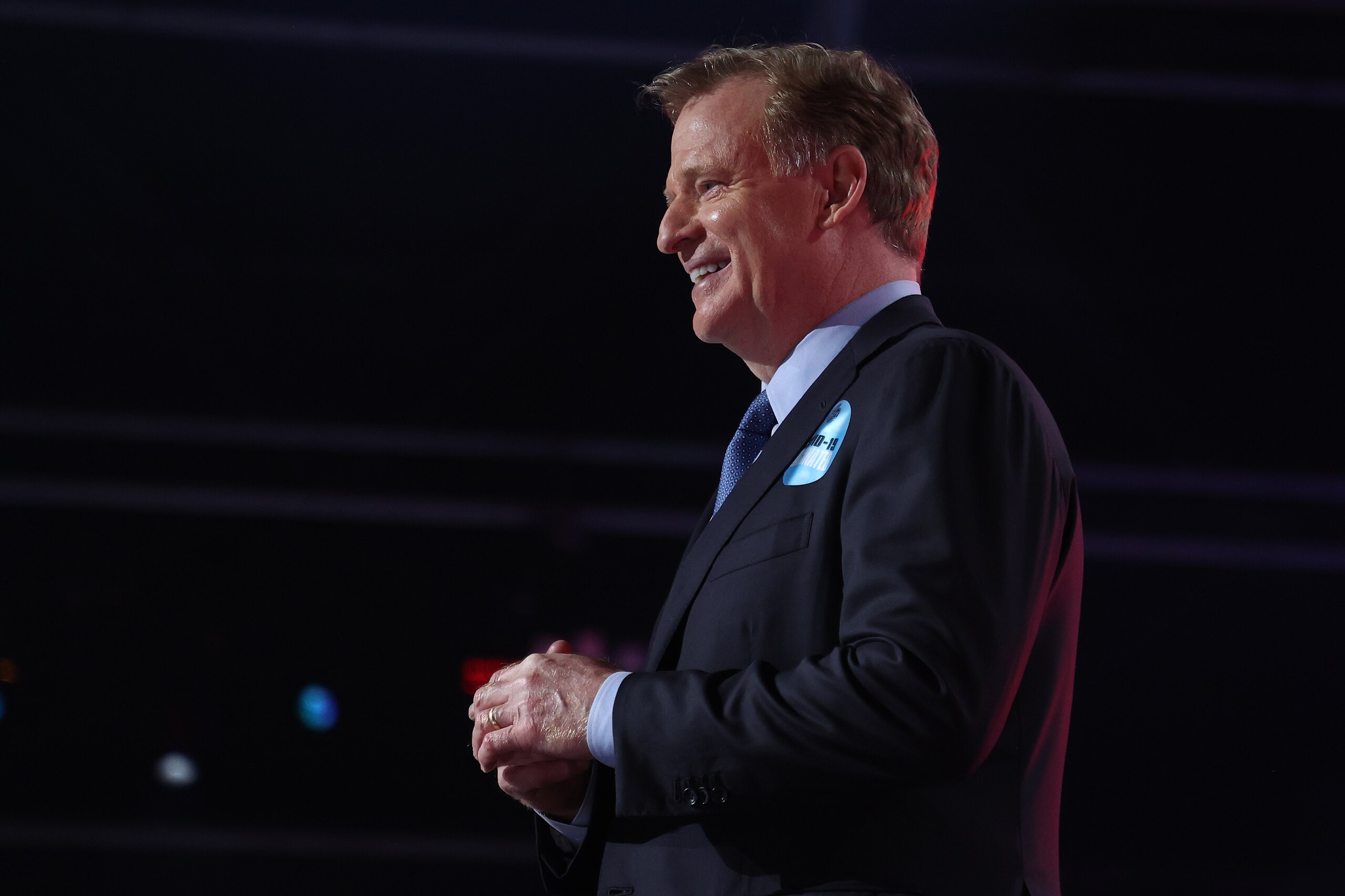 CLEVELAND, OHIO - APRIL 29: NFL Commissioner Roger Goodell stands onstage during round one of the 2021 NFL Draft at the Great Lakes Science Center on April 29, 2021 in Cleveland, Ohio. (Photo by Gregory Shamus/Getty Images)