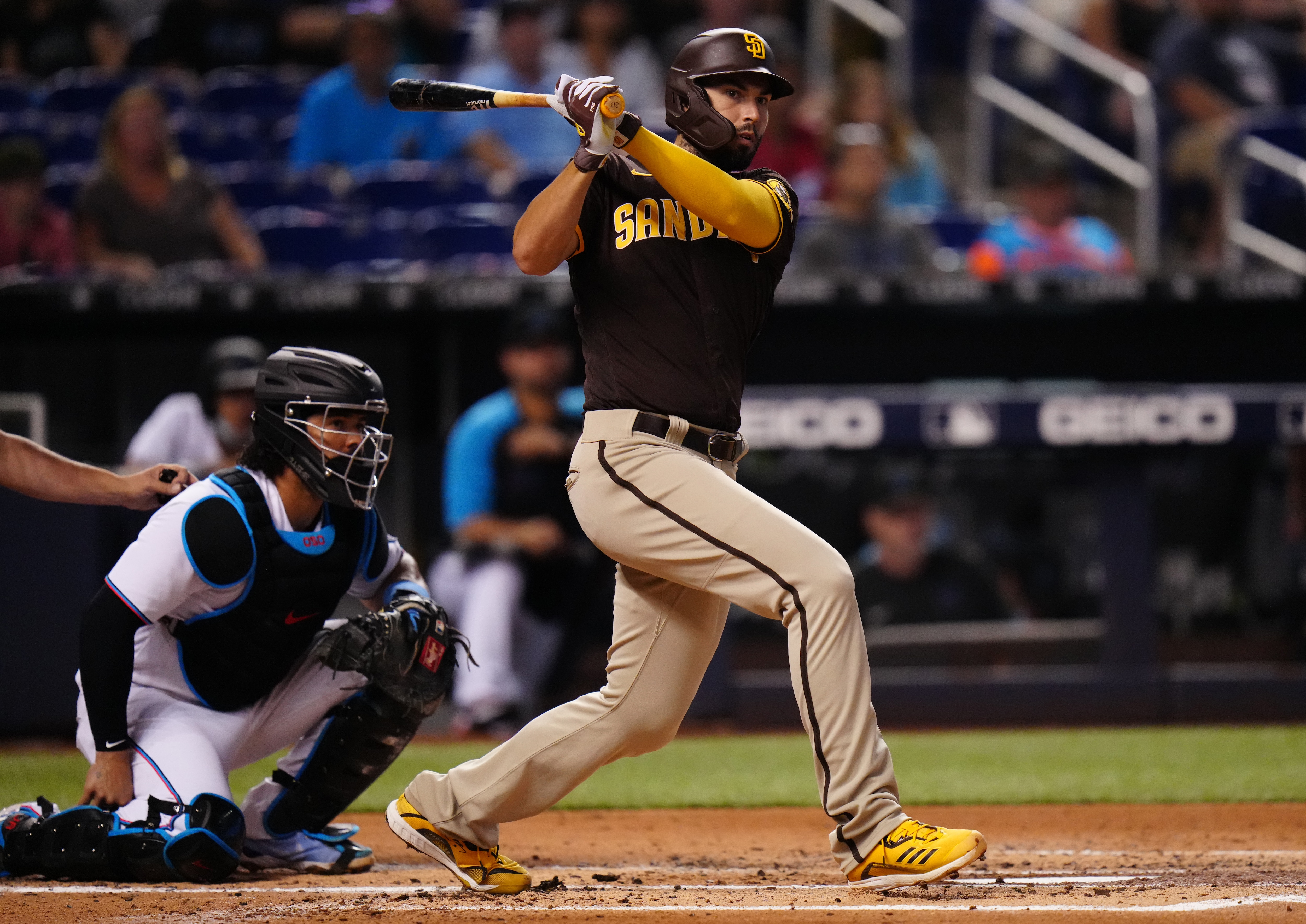 MIAMI, FLORIDA - JULY 22: Eric Hosmer #30 of the San Diego Padres bats against the Miami Marlins at loanDepot park on July 22, 2021 in Miami, Florida. (Photo by Mark Brown/Getty Images)