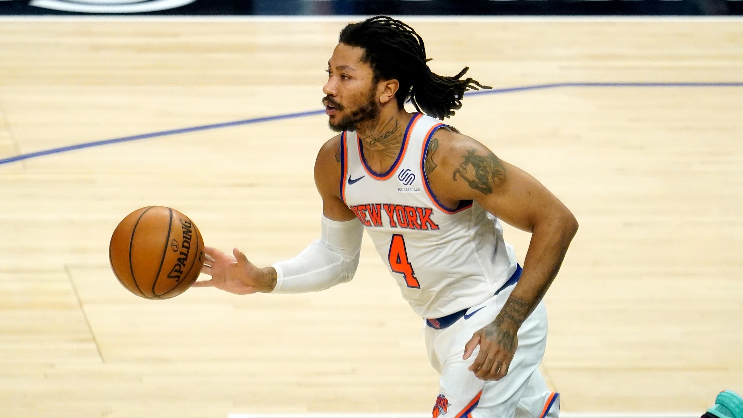 New York Knicks guard Derrick Rose dribbles during an NBA basketball game against the Los Angeles Clippers Sunday, May 9, 2021, in Los Angeles. (AP Photo/Marcio Jose Sanchez) New York Knicks guard Derrick Rose dribbles during an NBA basketball game against the Los Angeles Clippers Sunday, May 9, 2021, in Los Angeles. (AP Photo/Marcio Jose Sanchez)