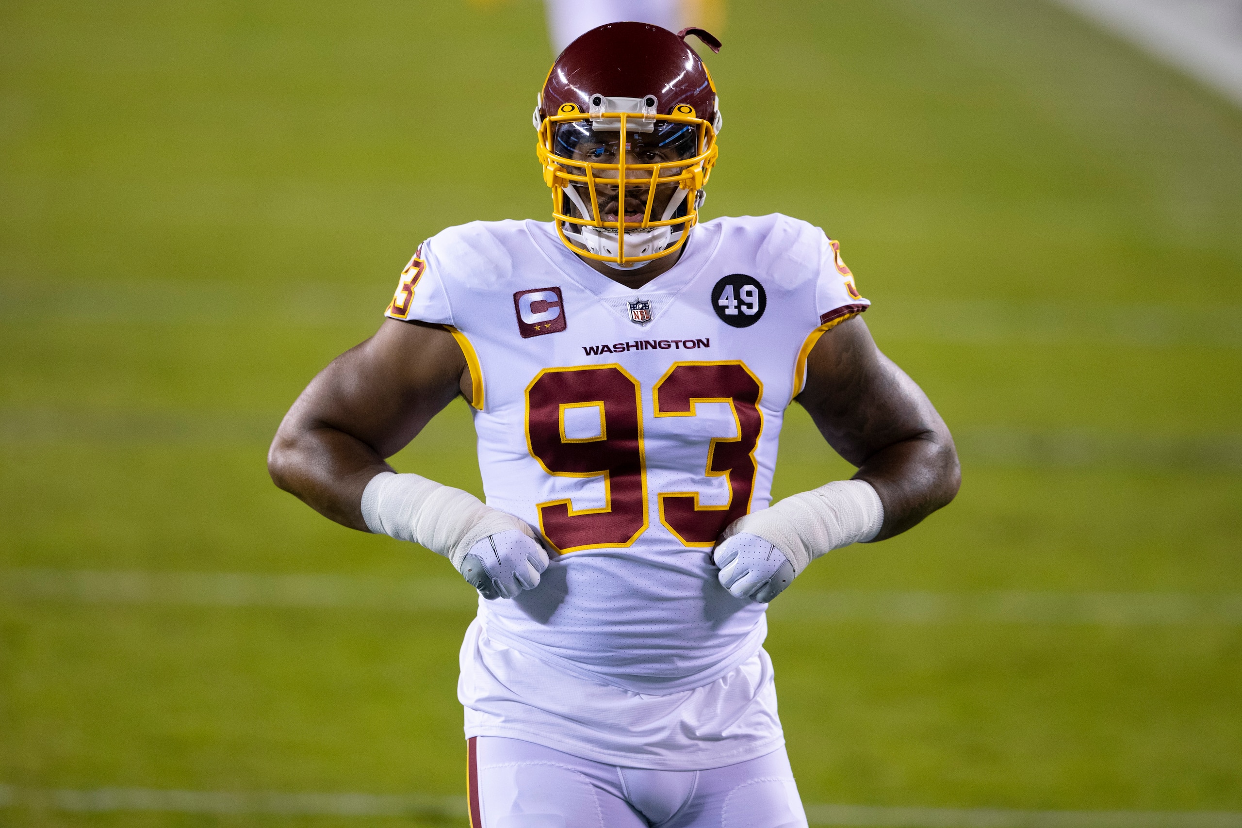 PHILADELPHIA, PA - JANUARY 03: Jonathan Allen #93 of the Washington Football Team looks on prior to the game against the Philadelphia Eagles at Lincoln Financial Field on January 3, 2021 in Philadelphia, Pennsylvania. (Photo by Mitchell Leff/Getty Images)