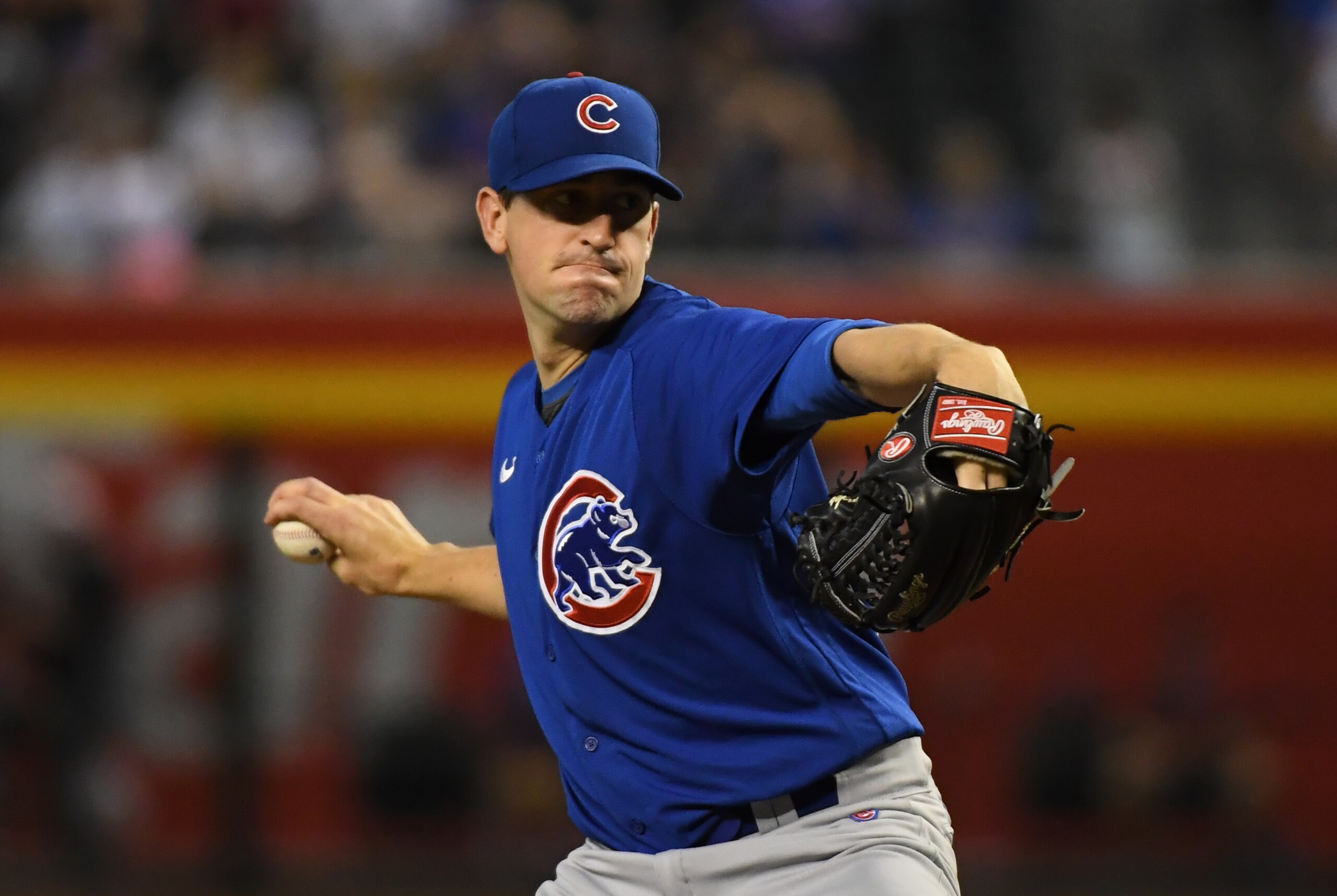 PHOENIX, ARIZONA - JULY 16: Kyle Hendricks #28 of the Chicago Cubs delivers a first inning pitch against the Arizona Diamondbacks at Chase Field on July 16, 2021 in Phoenix, Arizona. (Photo by Norm Hall/Getty Images)