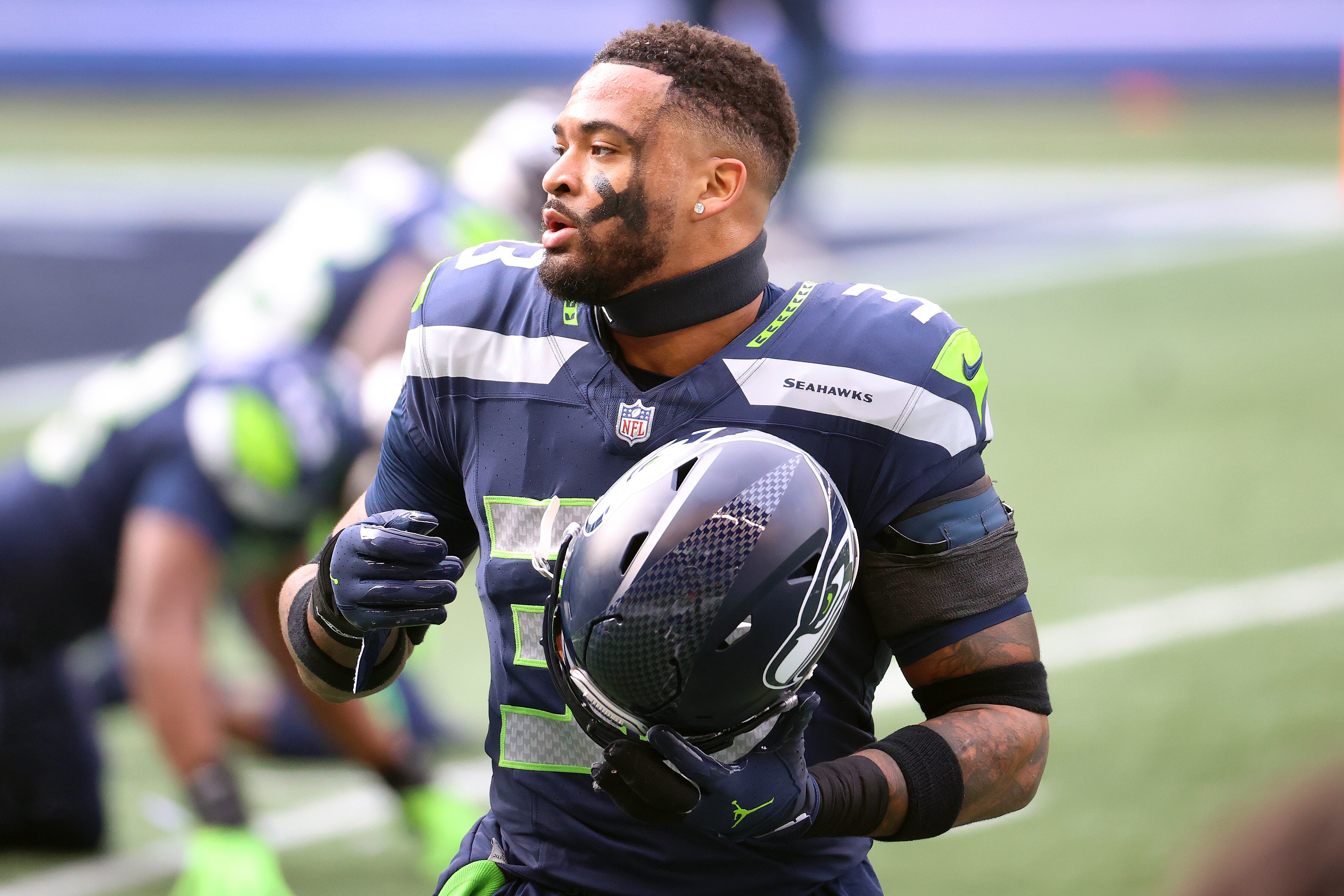 SEATTLE, WASHINGTON - JANUARY 09: Jamal Adams #33 of the Seattle Seahawks reacts before the NFC Wild Card Playoff game against the Los Angeles Rams at Lumen Field on January 09, 2021 in Seattle, Washington. (Photo by Abbie Parr/Getty Images)