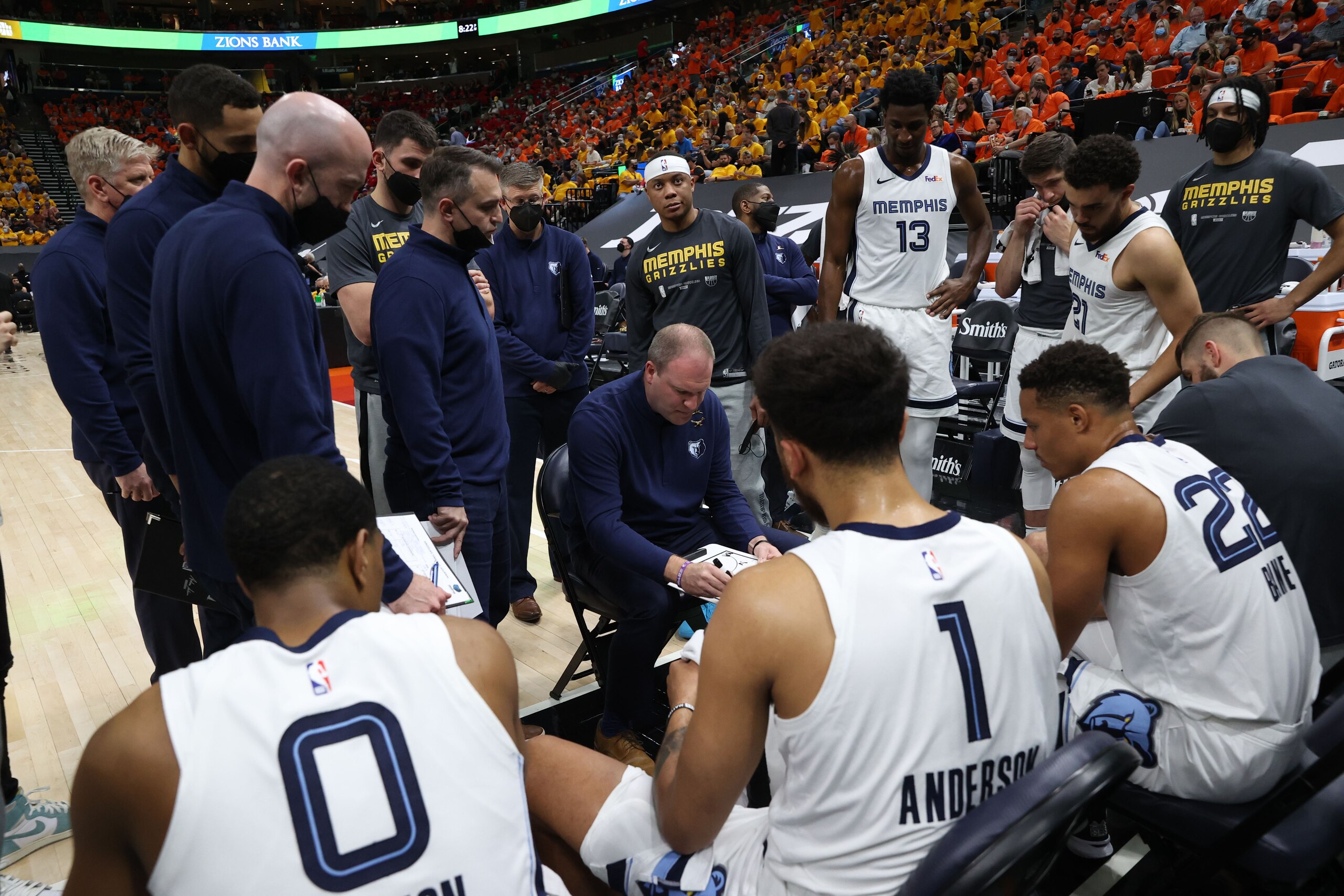 SALT LAKE CITY, UT - JUNE 2: Head Coach Taylor Jenkins of the Memphis Grizzlies huddles with his team during Round 1, Game 5 of the 2021 NBA Playoffs on June 2, 2021 at vivint.SmartHome Arena in Salt Lake City, Utah. NOTE TO USER: User expressly acknowledges and agrees that, by downloading and or using this Photograph, User is consenting to the terms and conditions of the Getty Images License Agreement. Mandatory Copyright Notice: Copyright 2021 NBAE (Photo by Joe Murphy/NBAE via Getty Images) SALT LAKE CITY, UT - JUNE 2: Head Coach Taylor Jenkins of the Memphis Grizzlies huddles with his team during Round 1, Game 5 of the 2021 NBA Playoffs on June 2, 2021 at vivint.SmartHome Arena in Salt Lake City, Utah. NOTE TO USER: User expressly acknowledges and agrees that, by downloading and or using this Photograph, User is consenting to the terms and conditions of the Getty Images License Agreement. Mandatory Copyright Notice: Copyright 2021 NBAE (Photo by Joe Murphy/NBAE via Getty Images)