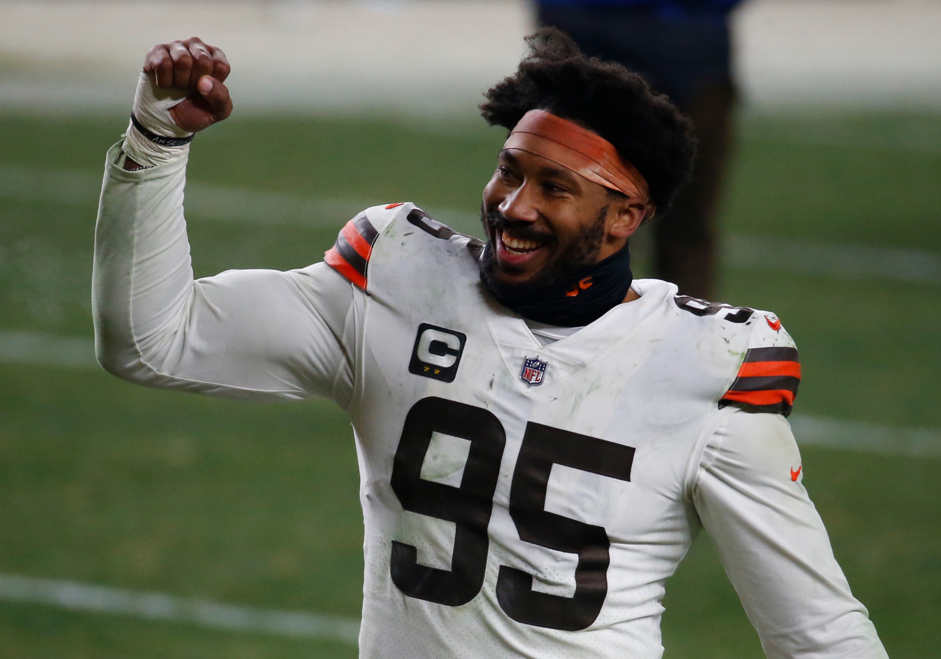 PITTSBURGH, PA - JANUARY 11:  Myles Garrett #95 of the Cleveland Browns celebrates against the Pittsburgh Steelers on January 11, 2021 at Heinz Field in Pittsburgh, Pennsylvania.  (Photo by Justin K. Aller/Getty Images)