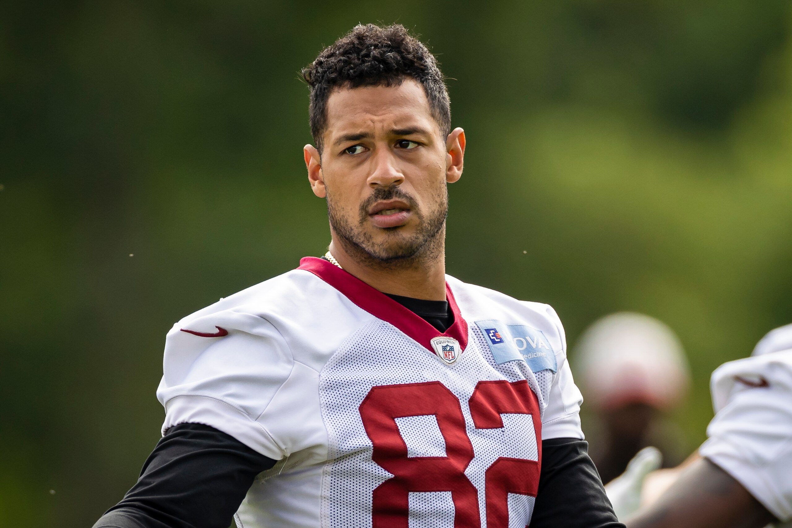 ASHBURN, VA - JUNE 10: Logan Thomas #82 of the Washington Football Team warms up during mandatory minicamp at Inova Sports Performance Center on June 10, 2021 in Ashburn, Virginia. (Photo by Scott Taetsch/Getty Images)
