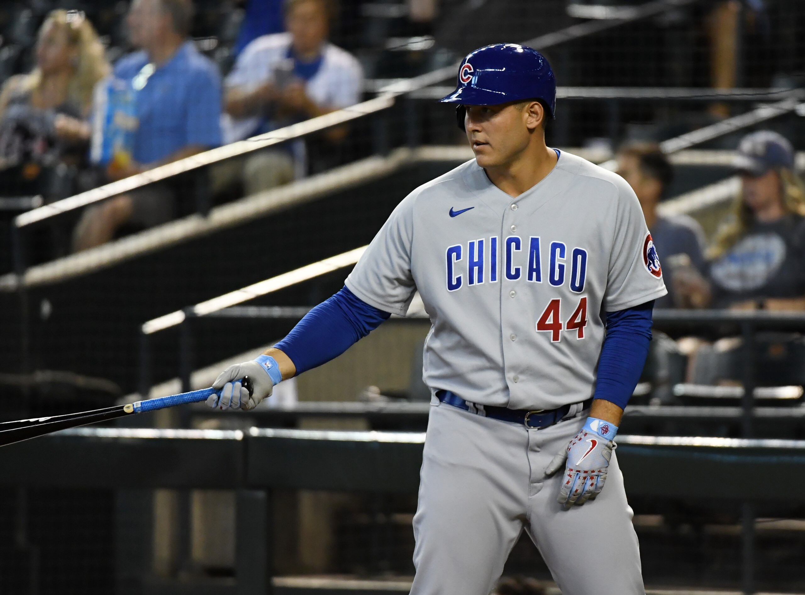 PHOENIX, ARIZONA - JULY 17: Anthony Rizzo #44 of the Chicago Cubs gets ready to step into the batters box against the Arizona Diamondbacks at Chase Field on July 17, 2021 in Phoenix, Arizona. (Photo by Norm Hall/Getty Images)