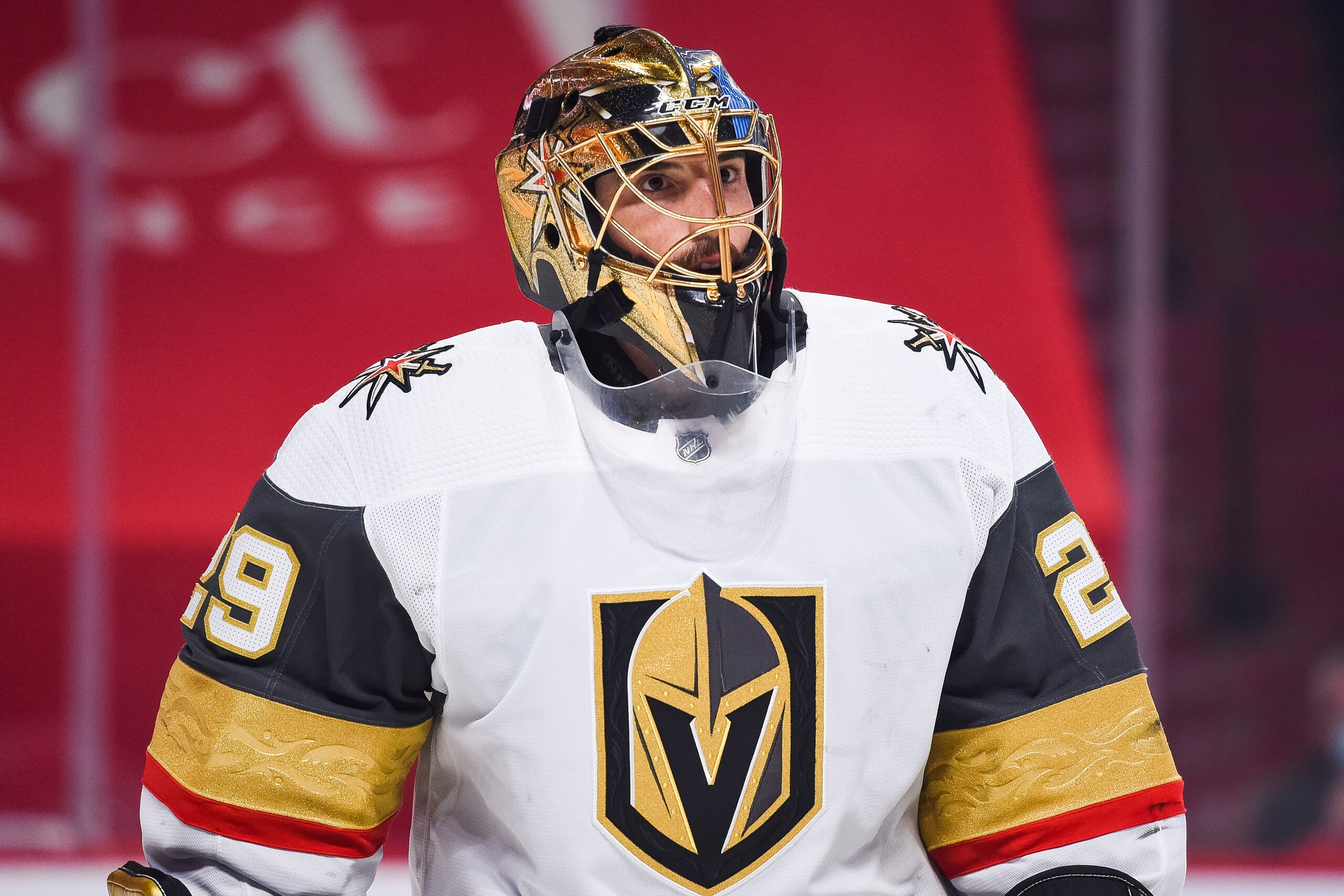 MONTREAL, QC - JUNE 24: Look on Las Vegas Golden Knights goalie Marc-Andre Fleury (29) at warm-up before the NHL Stanley Cup Playoffs Semifinals game 6 between the Las Vegas Golden Knights versus the Montreal Canadiens on June 24, 2021, at Bell Centre in Montreal, QC (Photo by David Kirouac/Icon Sportswire via Getty Images)