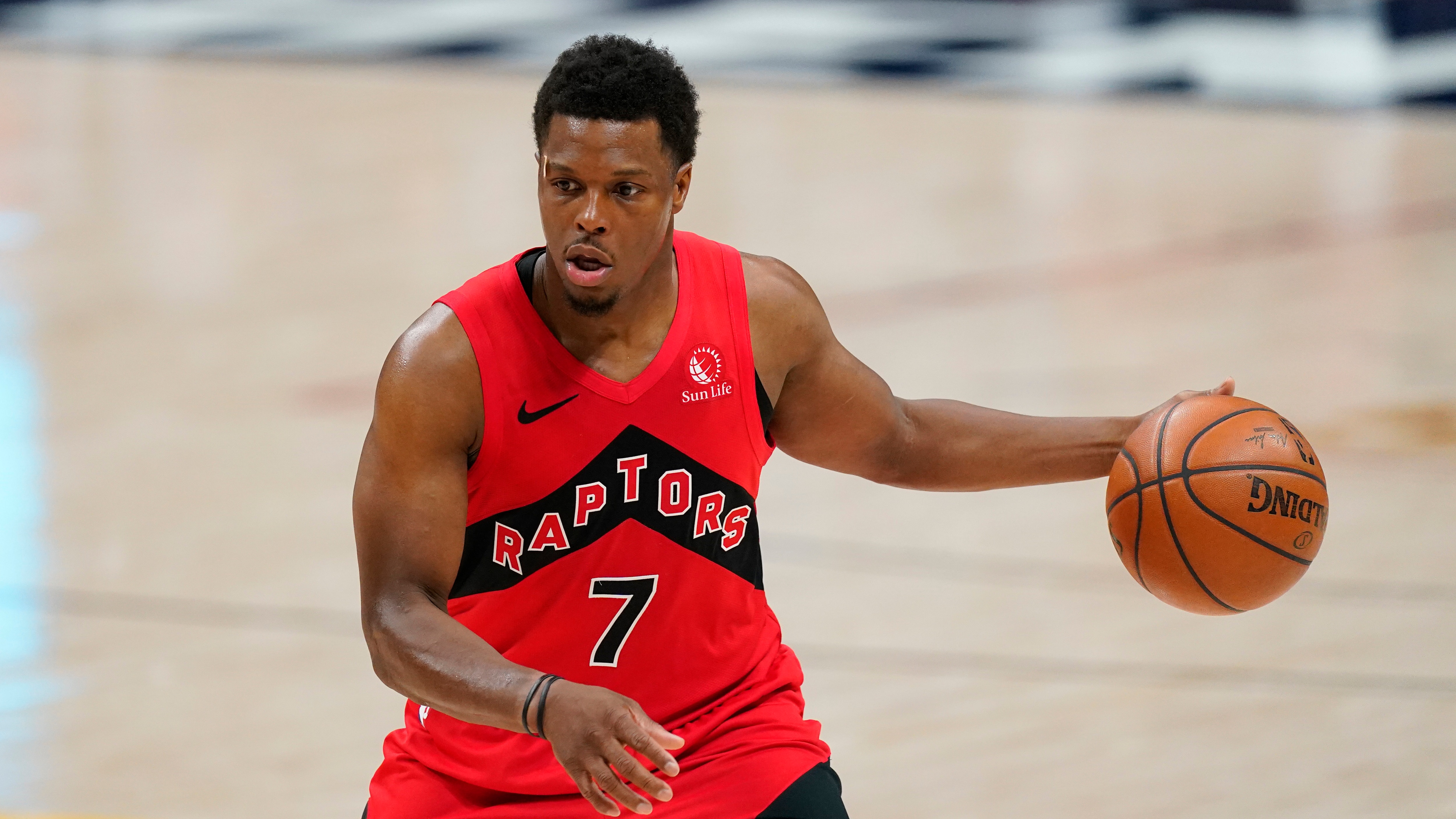 Toronto Raptors guard Kyle Lowry (7) in the second half of an NBA basketball game Thursday, April 29, 2021, in Denver. (AP Photo/David Zalubowski)