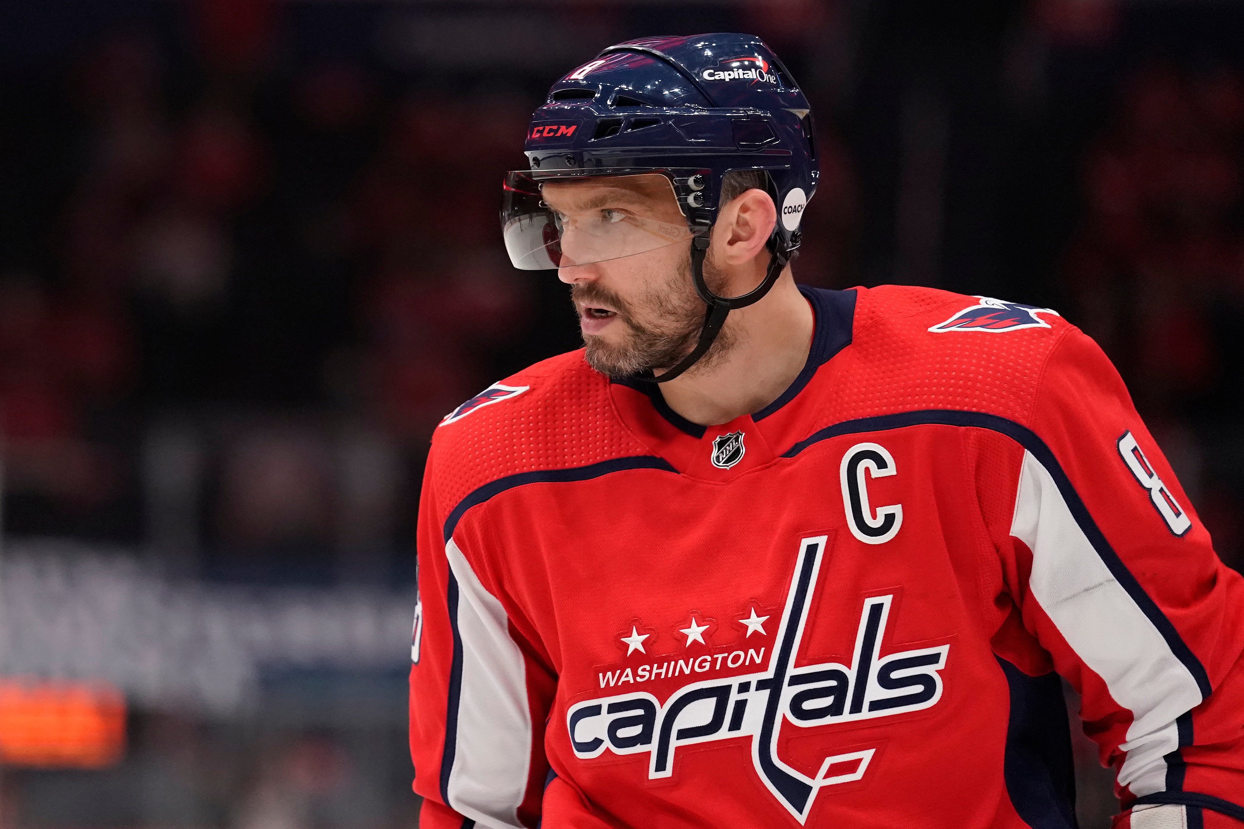 WASHINGTON, DC - MAY 23: Alex Ovechkin #8 of the Washington Capitals looks on against the Boston Bruins in the first period in Game Five of the First Round of the 2021 Stanley Cup Playoffs at Capital One Arena on May 23, 2021 in Washington, DC. (Photo by Patrick McDermott/NHLI via Getty Images)