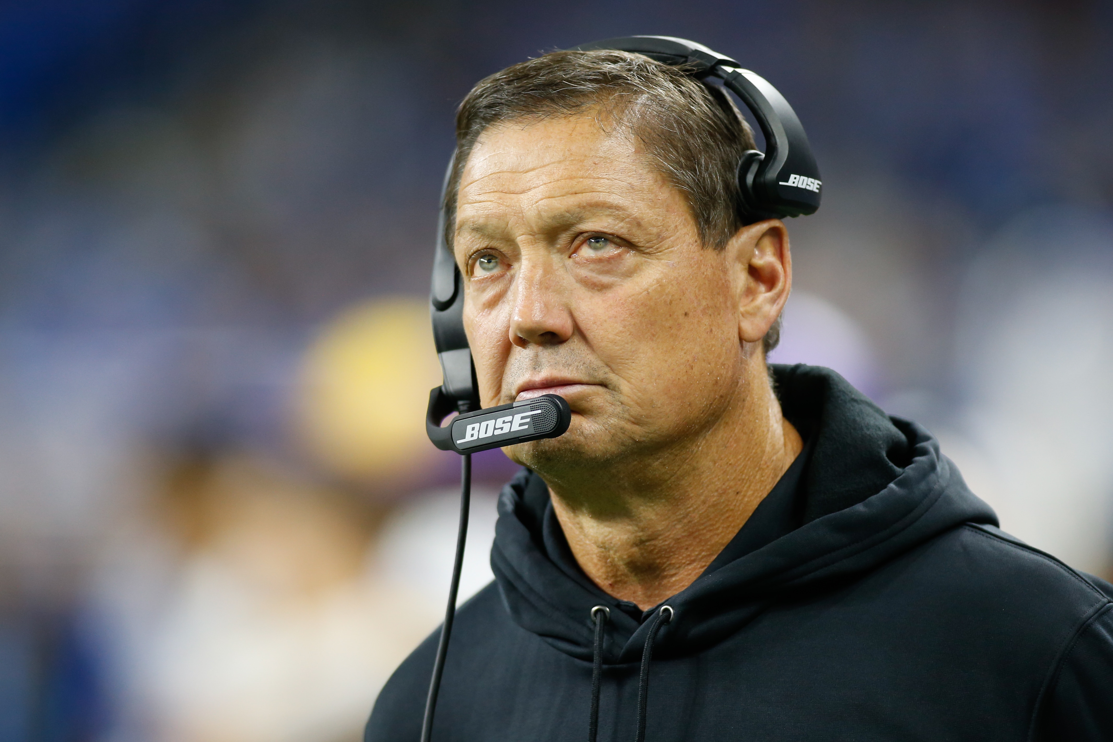 DETROIT, MI - OCTOBER 20:  Minnesota Vikings offensive line coach Rick Dennison is seen on the sideline during regular season game action between the Minnesota Vikings and the Detroit Lions on October 20, 2019 at Ford Field in Detroit, Michigan.  (Photo by Scott W. Grau/Icon Sportswire via Getty Images)