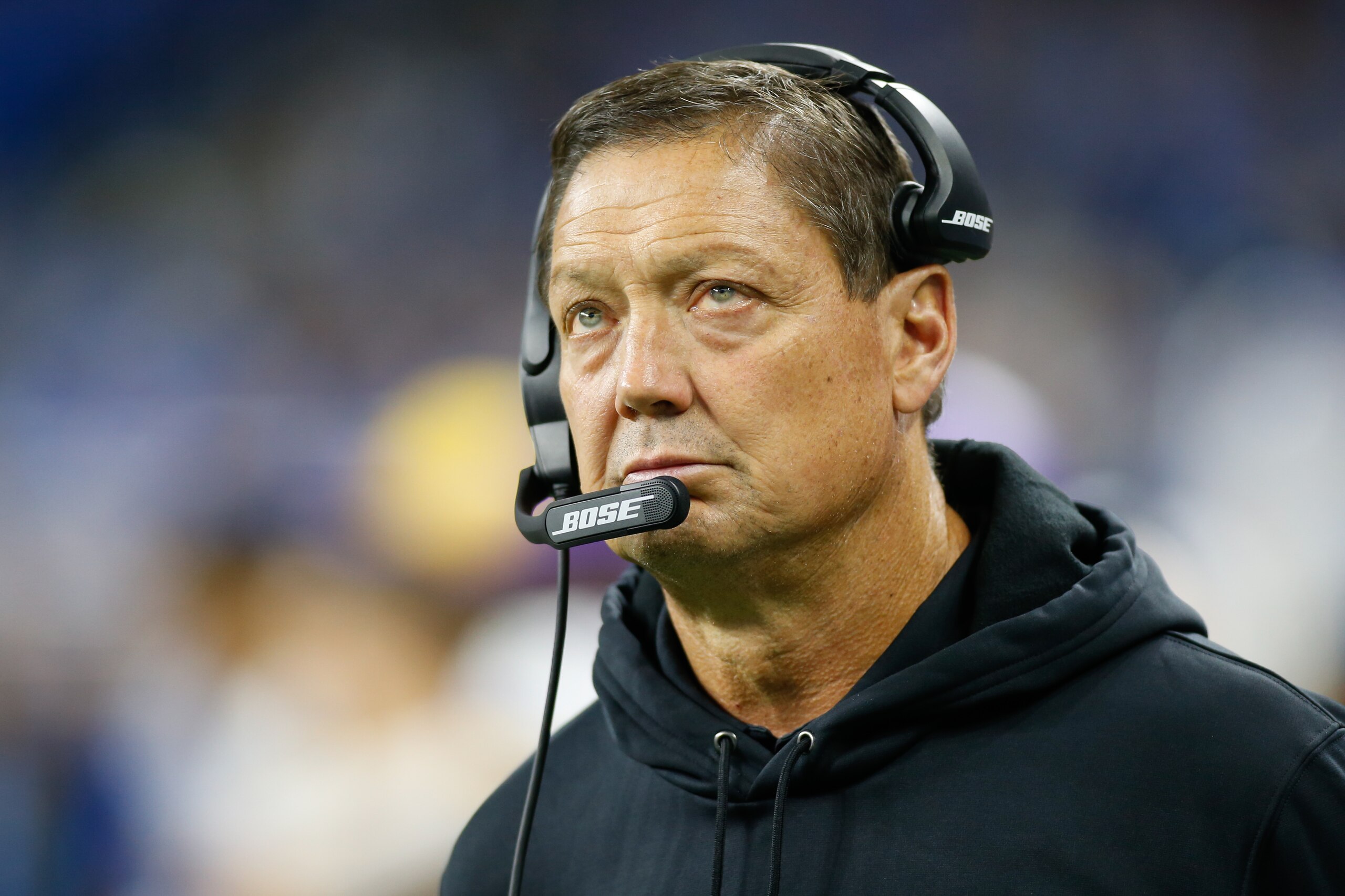 DETROIT, MI - OCTOBER 20:  Minnesota Vikings offensive line coach Rick Dennison is seen on the sideline during regular season game action between the Minnesota Vikings and the Detroit Lions on October 20, 2019 at Ford Field in Detroit, Michigan.  (Photo by Scott W. Grau/Icon Sportswire via Getty Images)