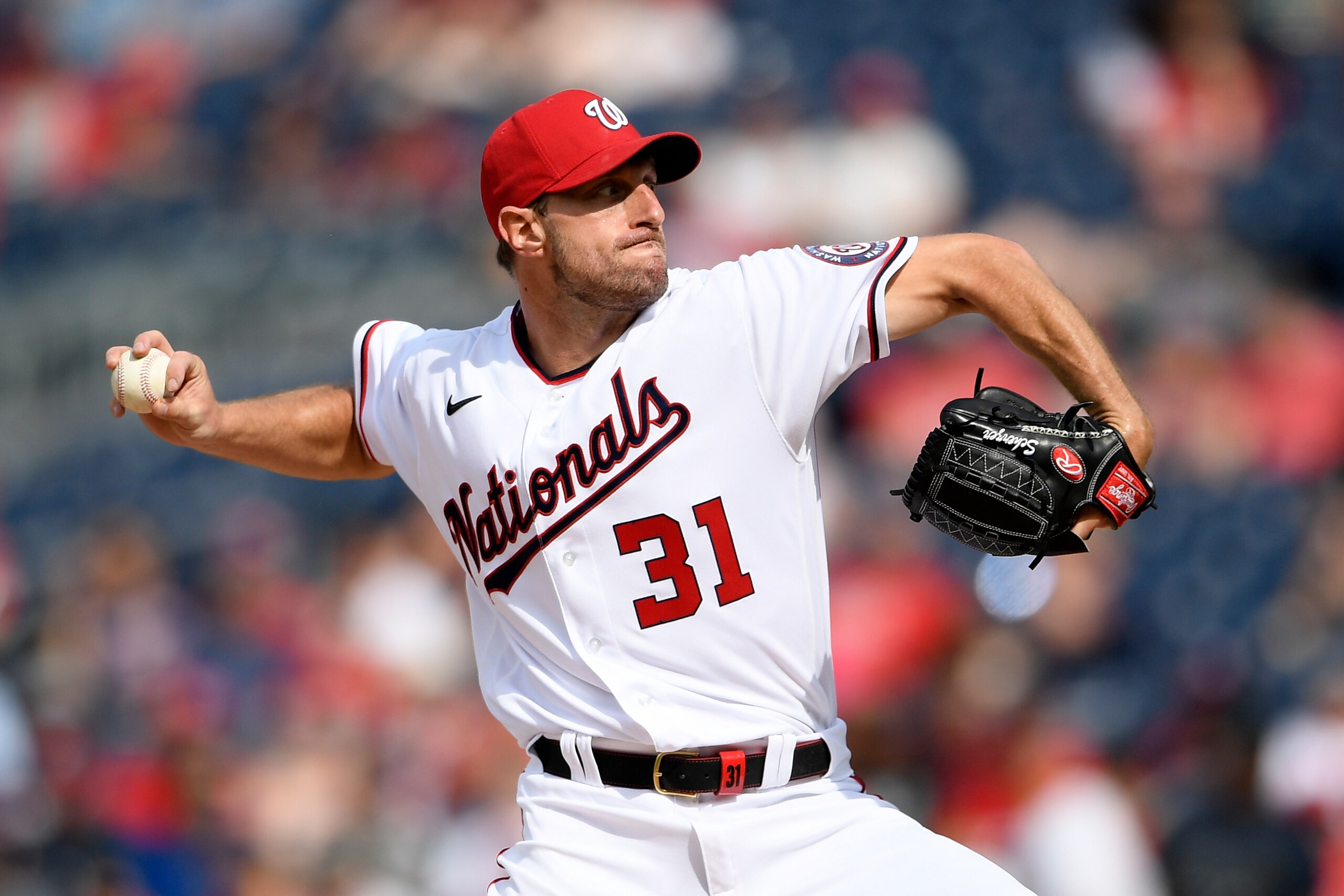 Washington Nationals starting pitcher Max Scherzer delivers a pitch during a baseball game against the San Diego Padres, Sunday, July 18, 2021, in Washington. (AP Photo/Nick Wass)