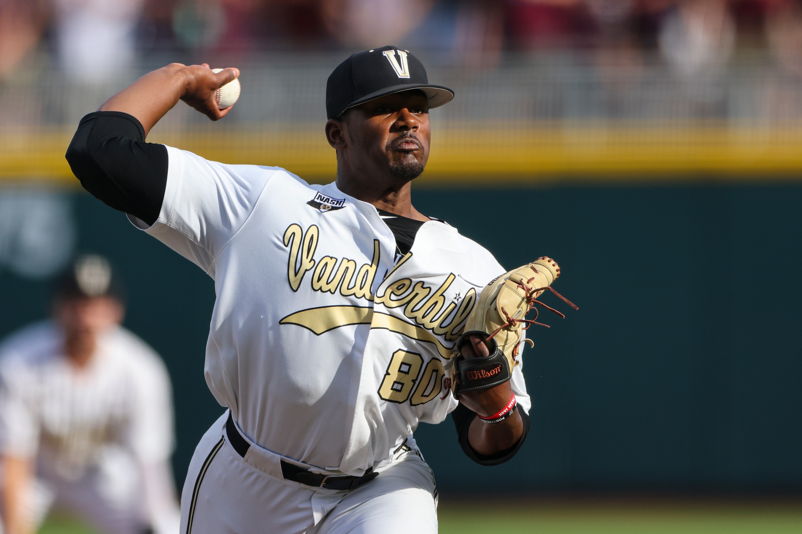 Vanderbilt pitcher Kumar Rocker (80) throws during the first inning in Game 3 of the NCAA College World Series baseball finals, Wednesday, June 30, 2021, in Omaha, Neb. (AP Photo/Rebecca S. Gratz)