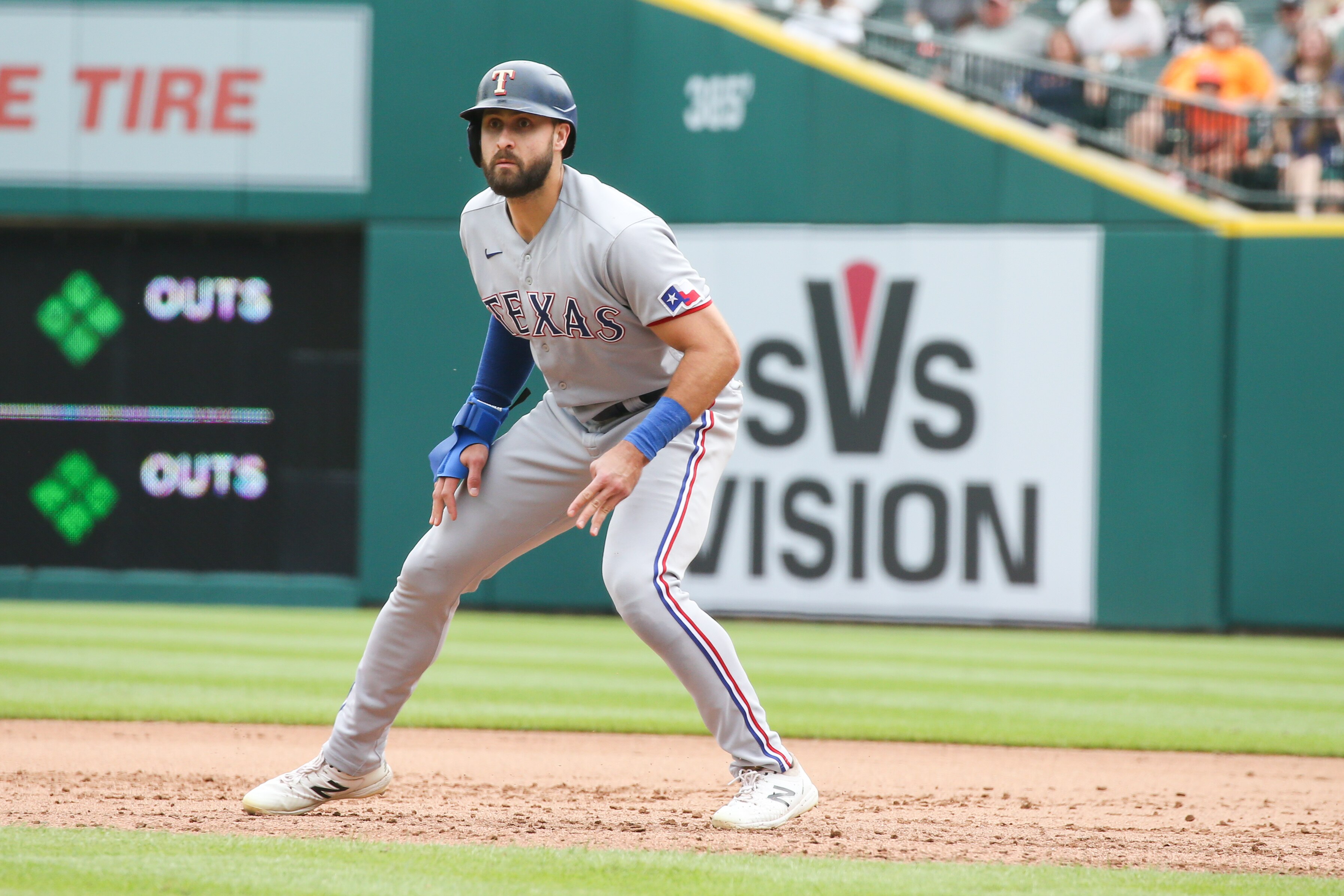 DETROIT, MI - JULY 22:  Texas Rangers designated hitter Joey Gallo (13) gets a lead off of first base during a regular season Major League Baseball game between the Texas Rangers and the Detroit Tigers on July 22, 2021 at Comerica Park in Detroit, Michigan. (Photo by Scott W. Grau/Icon Sportswire via Getty Images)