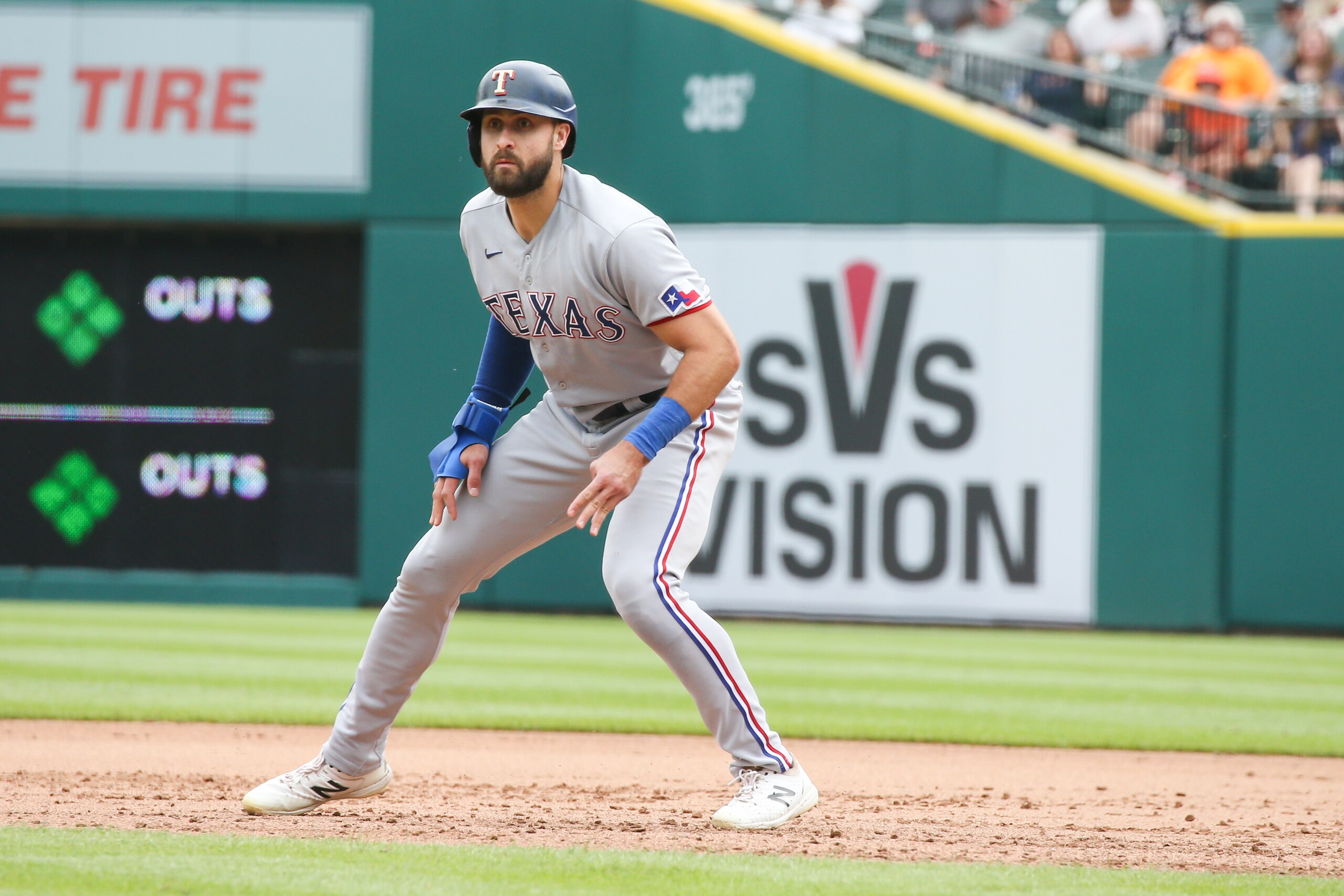 DETROIT, MI - JULY 22:  Texas Rangers designated hitter Joey Gallo (13) gets a lead off of first base during a regular season Major League Baseball game between the Texas Rangers and the Detroit Tigers on July 22, 2021 at Comerica Park in Detroit, Michigan. (Photo by Scott W. Grau/Icon Sportswire via Getty Images)