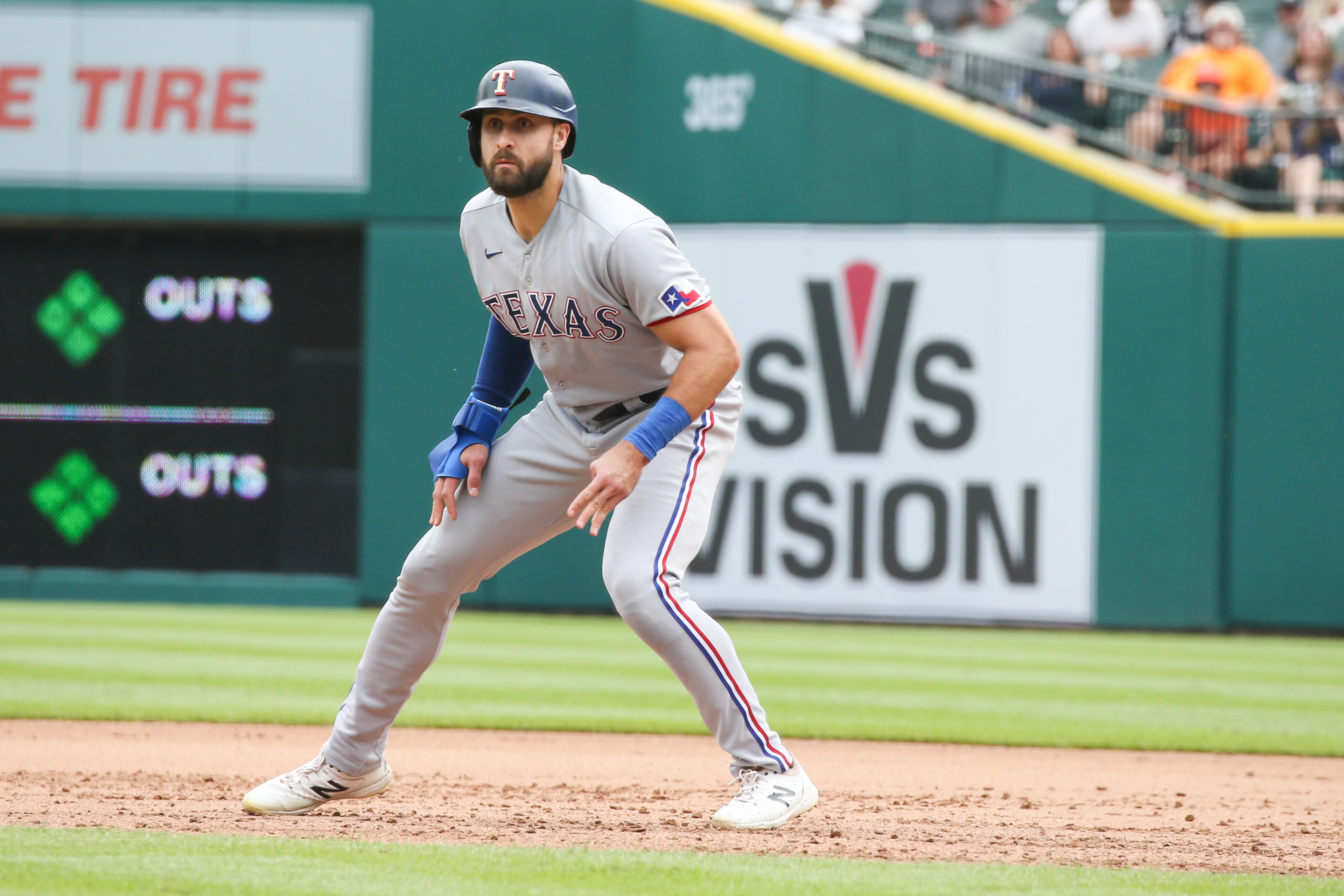 DETROIT, MI - JULY 22:  Texas Rangers designated hitter Joey Gallo (13) gets a lead off of first base during a regular season Major League Baseball game between the Texas Rangers and the Detroit Tigers on July 22, 2021 at Comerica Park in Detroit, Michigan. (Photo by Scott W. Grau/Icon Sportswire via Getty Images)