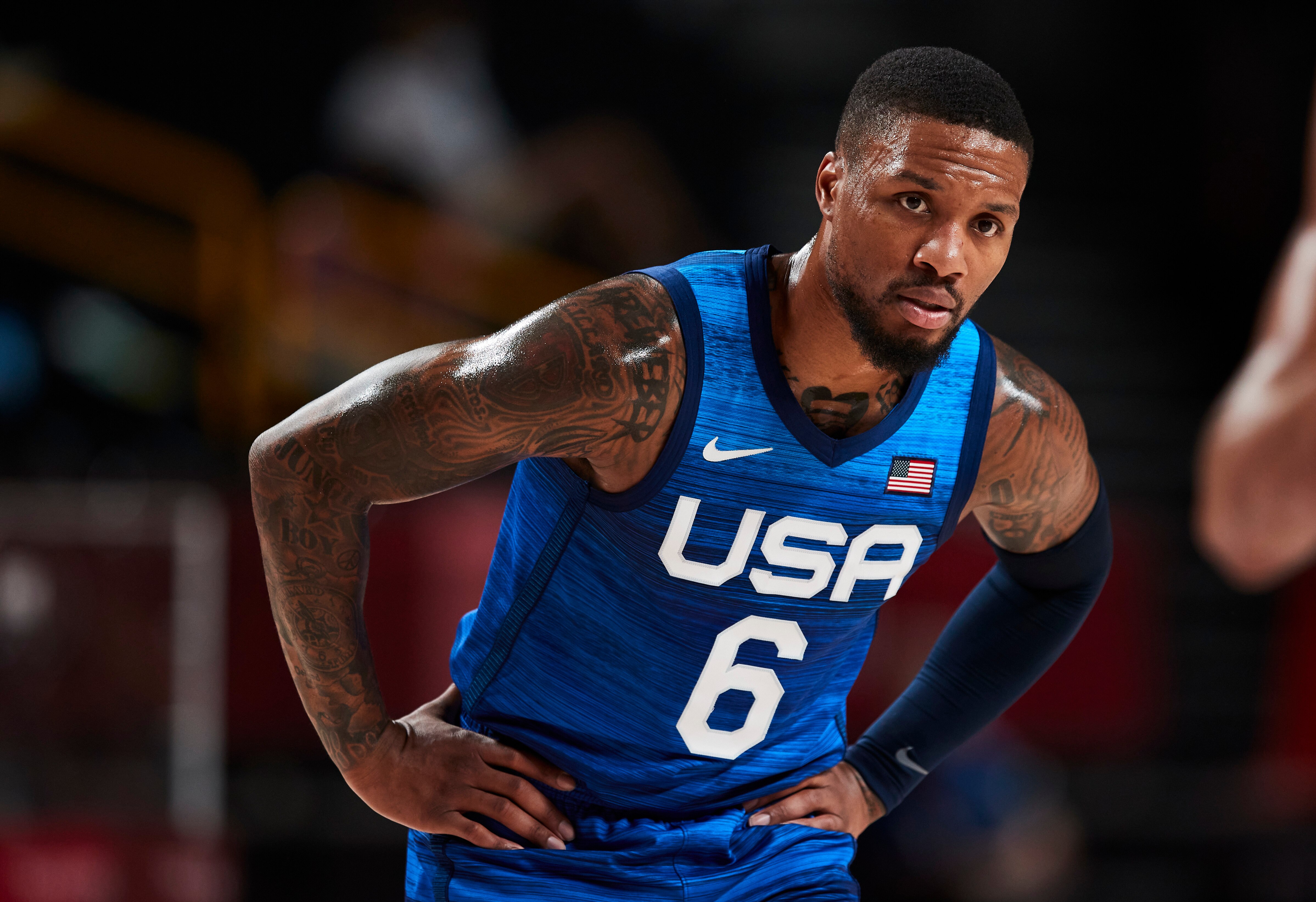 SAITAMA, JAPAN - JULY 25: (BILD ZEITUNG OUT) Damian Lillard of USA looks on on day two in the Men's First Round Group A match between France and USA at the Tokyo 2020 Olympic Games at Saitama Super Arena on July 25, 2021 in Saitama, Japan. (Photo by Berengui/DeFodi Images via Getty Images)