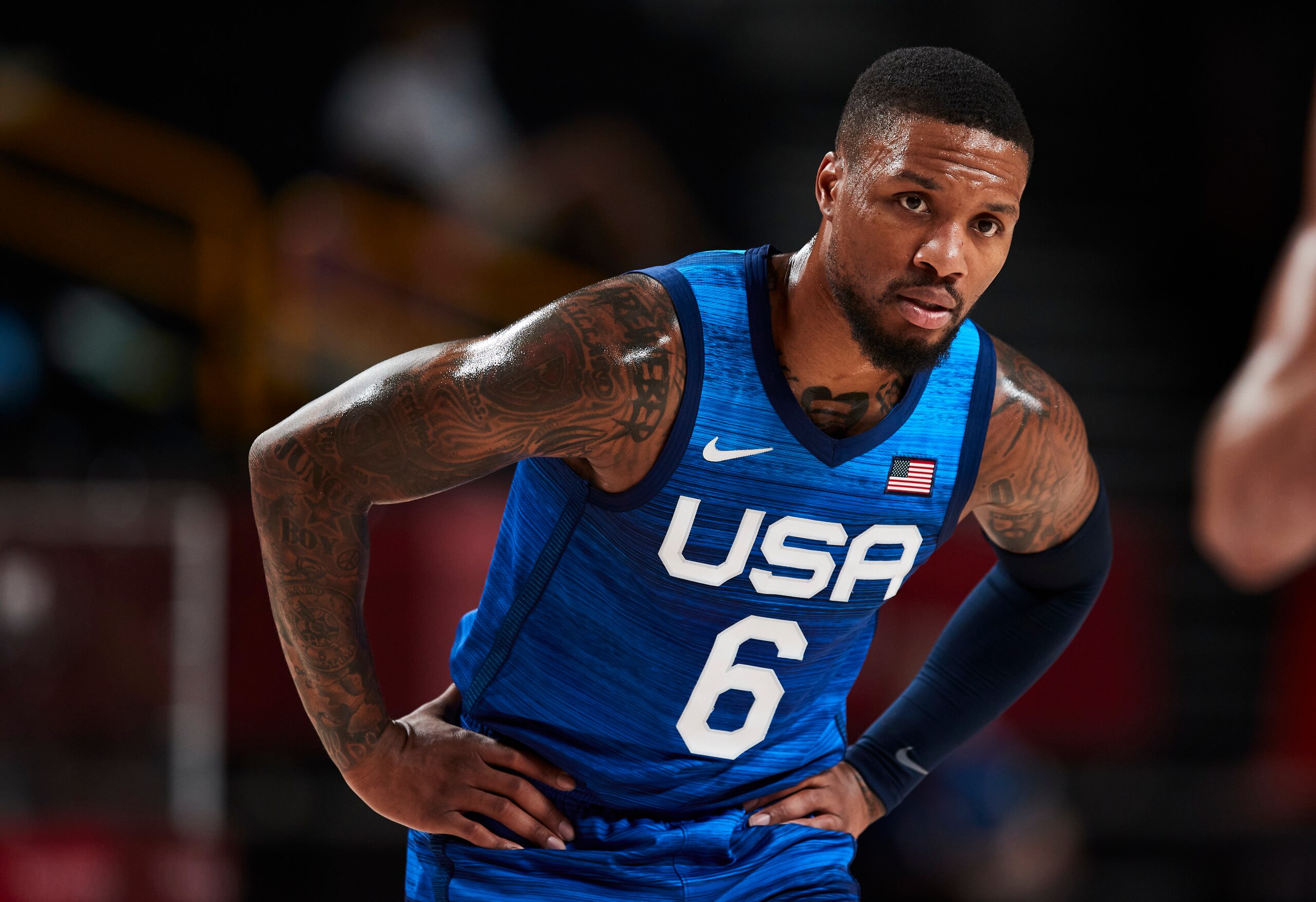 SAITAMA, JAPAN - JULY 25: (BILD ZEITUNG OUT) Damian Lillard of USA looks on on day two in the Men's First Round Group A match between France and USA at the Tokyo 2020 Olympic Games at Saitama Super Arena on July 25, 2021 in Saitama, Japan. (Photo by Berengui/DeFodi Images via Getty Images)