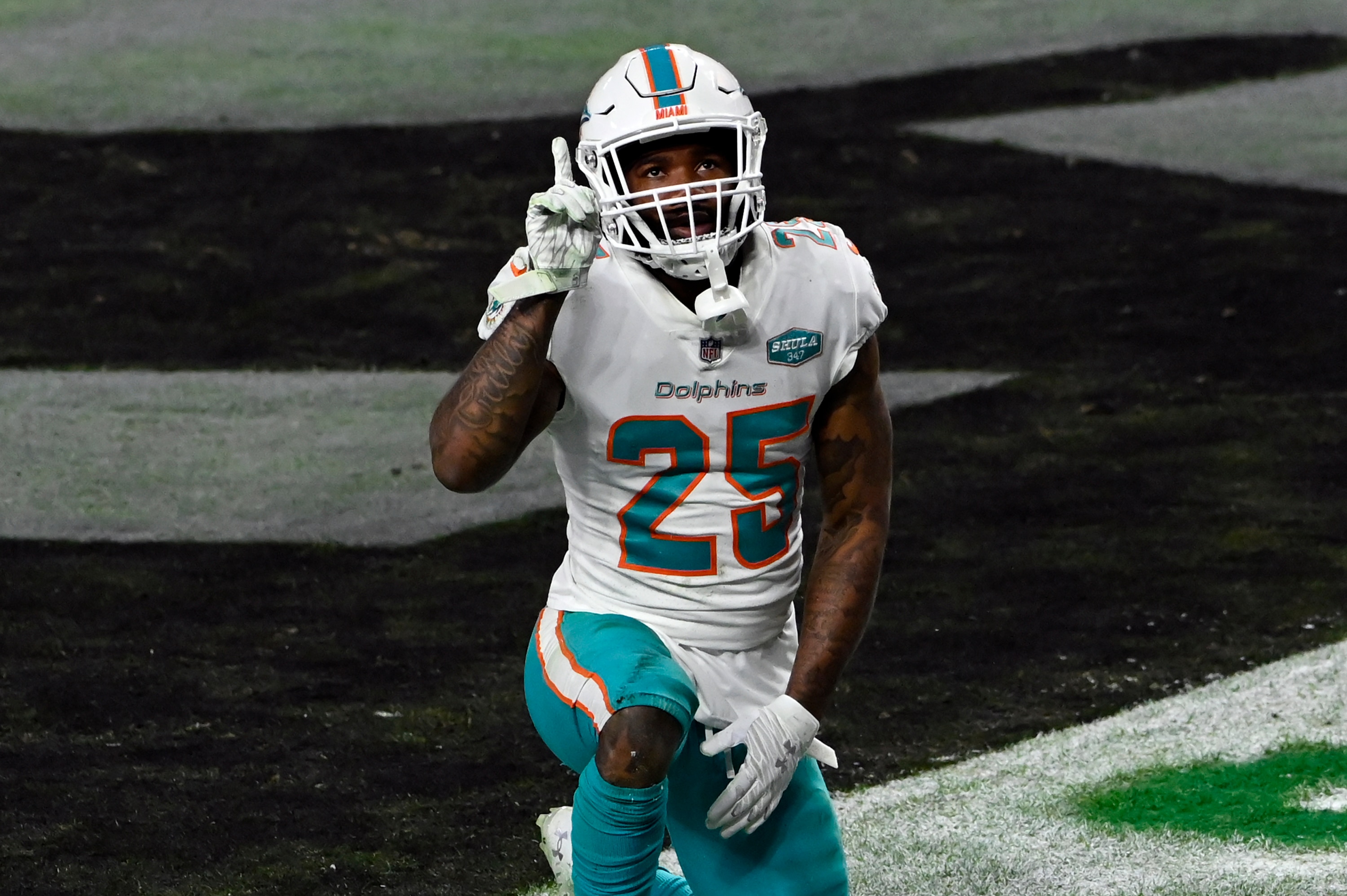 Miami Dolphins cornerback Xavien Howard (25) reacts after preventing a Las Vegas Raiders touchdown during an NFL football game, Sunday, Dec. 26, 2020, in Las Vegas. (AP Photo/David Becker)