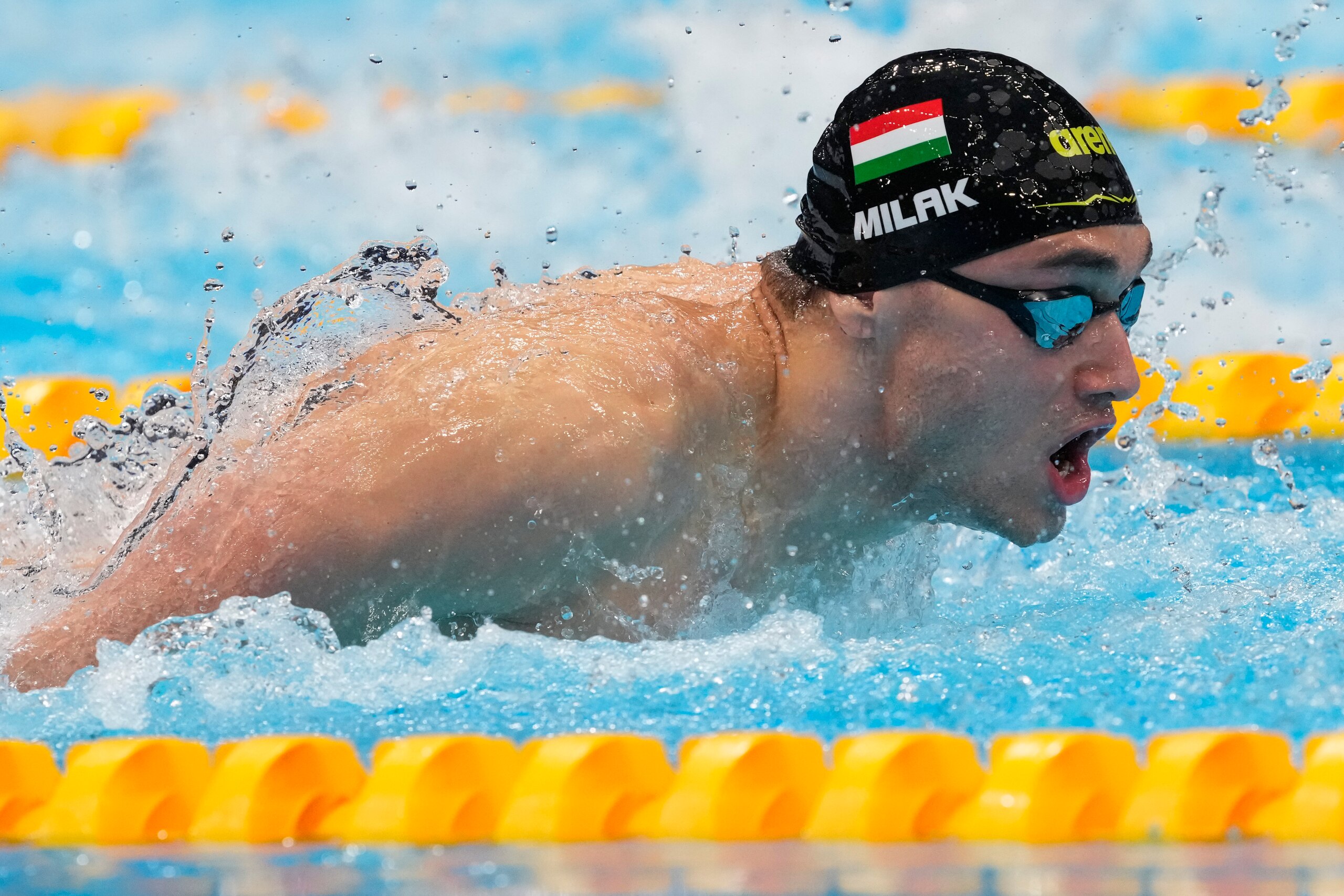 Kristof Milak, of Hungary, swims in a men's 200-meter butterfly semifinal at the 2020 Summer Olympics, Tuesday, July 27, 2021, in Tokyo, Japan. (AP Photo/Petr David Josek)
