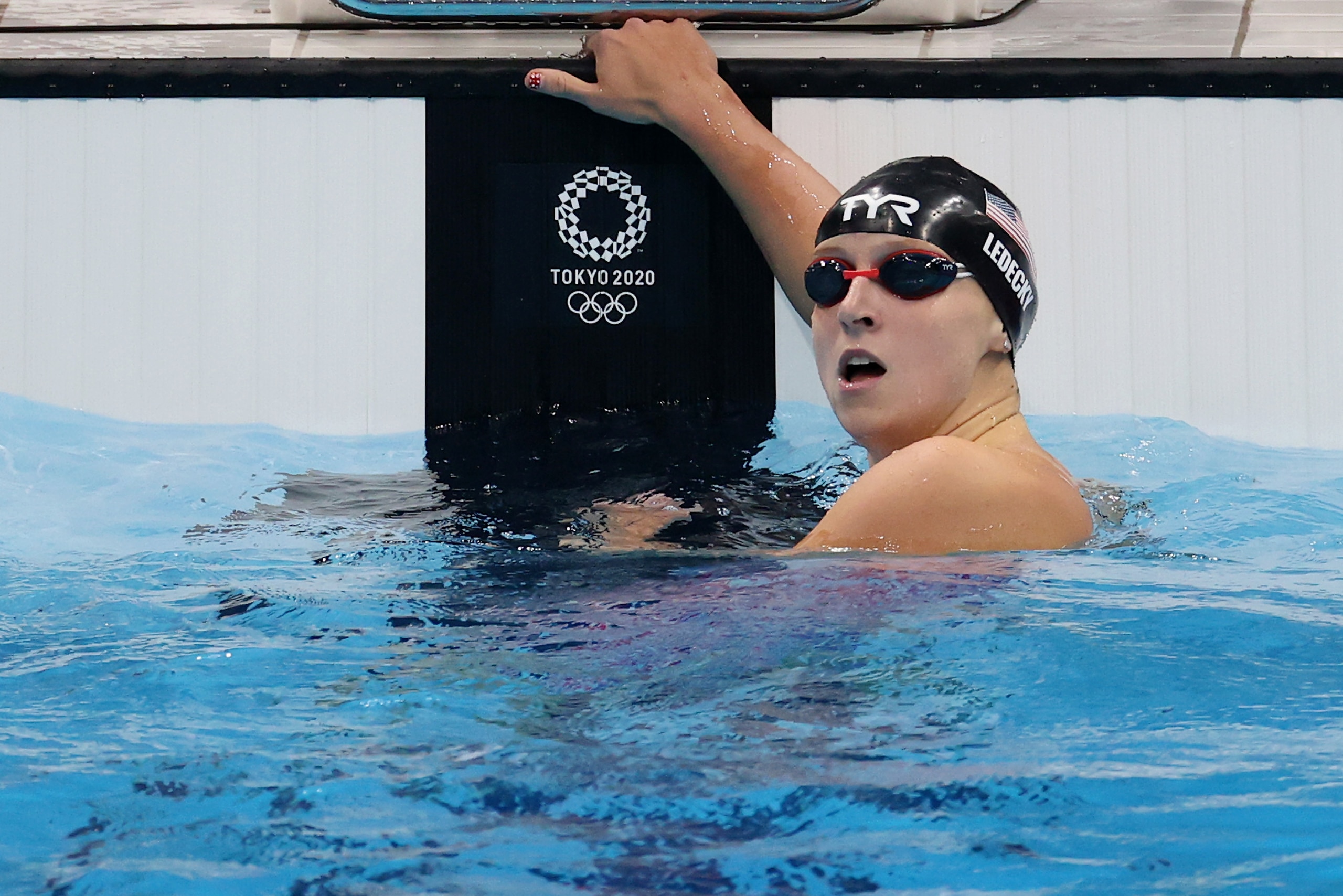 TOKYO, JAPAN - JULY 28: Katie Ledecky of Team United States reacts after competing in the Women's 200m Freestyle Final on day five of the Tokyo 2020 Olympic Games at Tokyo Aquatics Centre on July 28, 2021 in Tokyo, Japan. (Photo by Laurence Griffiths/Getty Images)