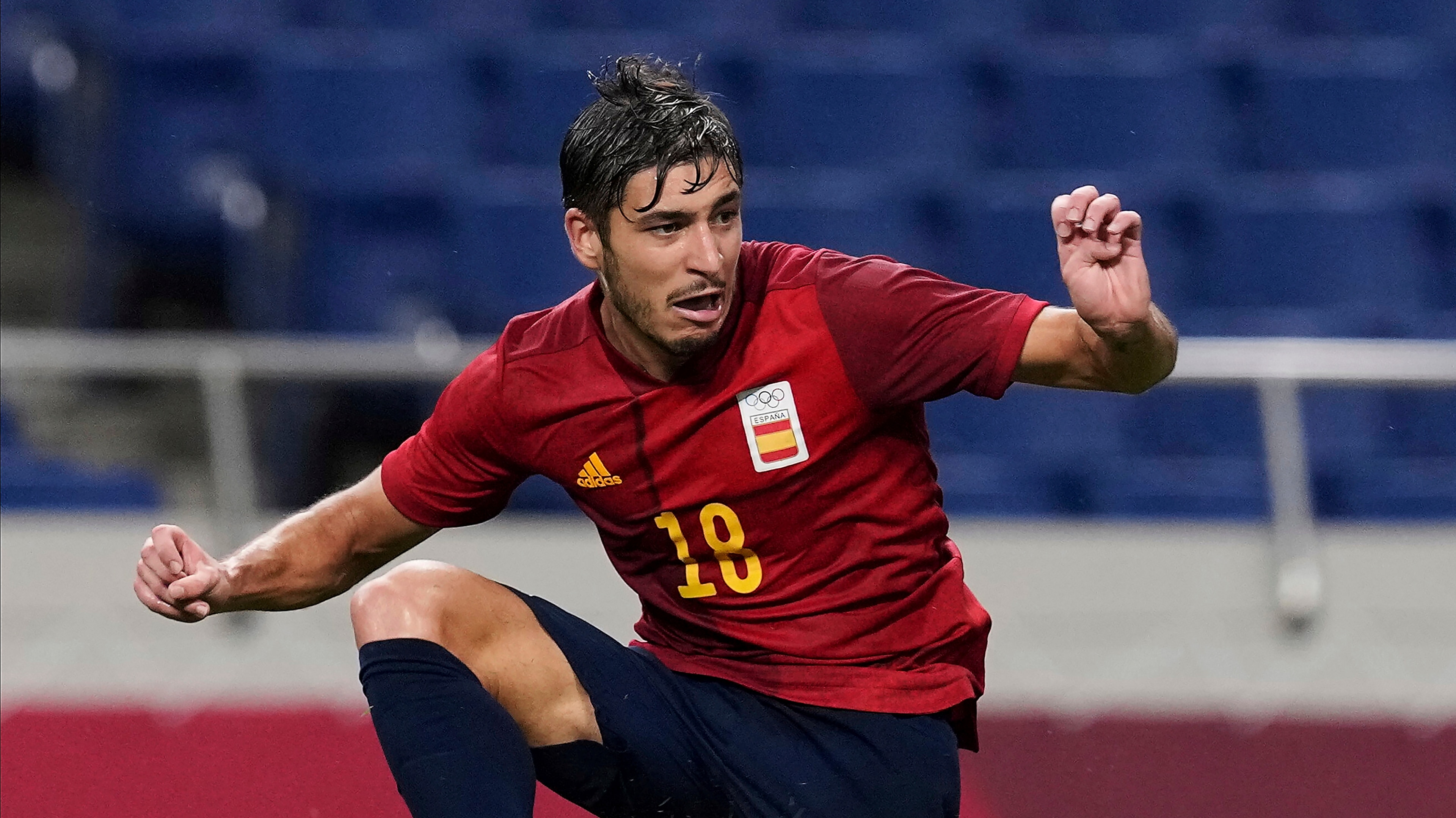 Spain's Oscar Gil in action during a men's soccer match against Argentina at the 2020 Summer Olympics, Wednesday, July 28, 2021, in Saitama, Japan. (AP Photo/Martin Mejia)