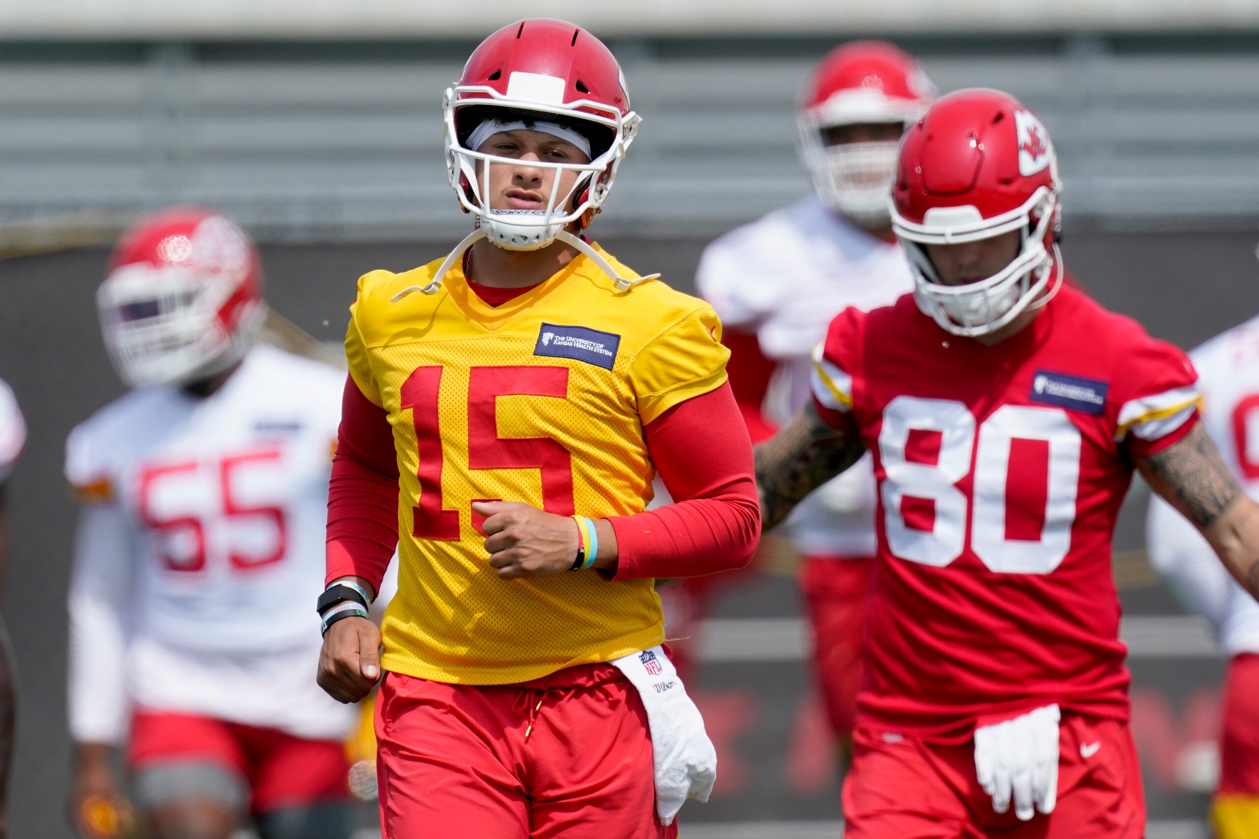Kansas City Chiefs quarterback Patrick Mahomes (15) warms up during the NFL football team's minicamp Wednesday, June 16, 2021, in Kansas City, Mo. (AP Photo/Charlie Riedel)