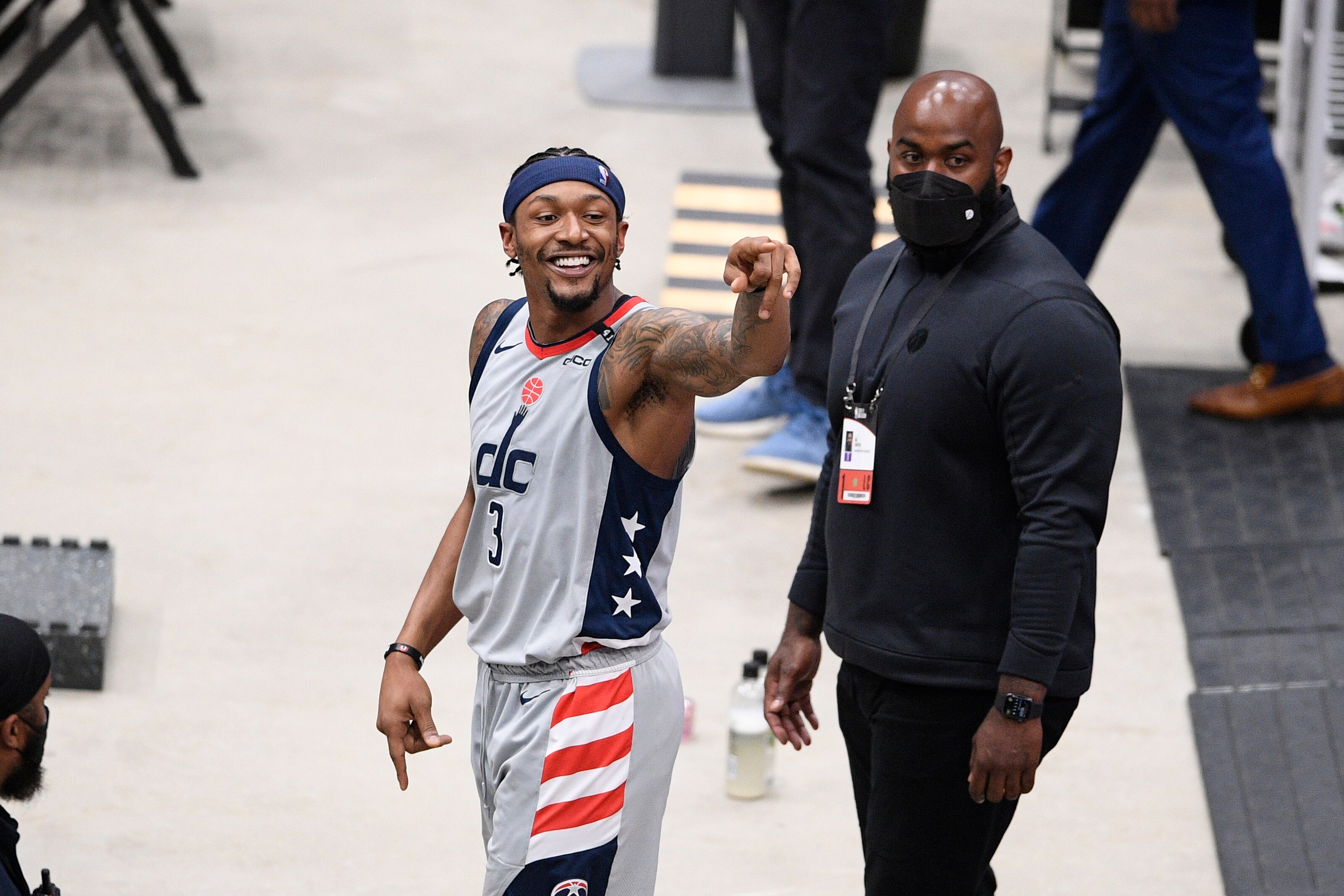 Washington Wizards guard Bradley Beal (3) reacts after Game 4 in a first-round NBA basketball playoff series against the Philadelphia 76ers, Monday, May 31, 2021, in Washington. (AP Photo/Nick Wass)