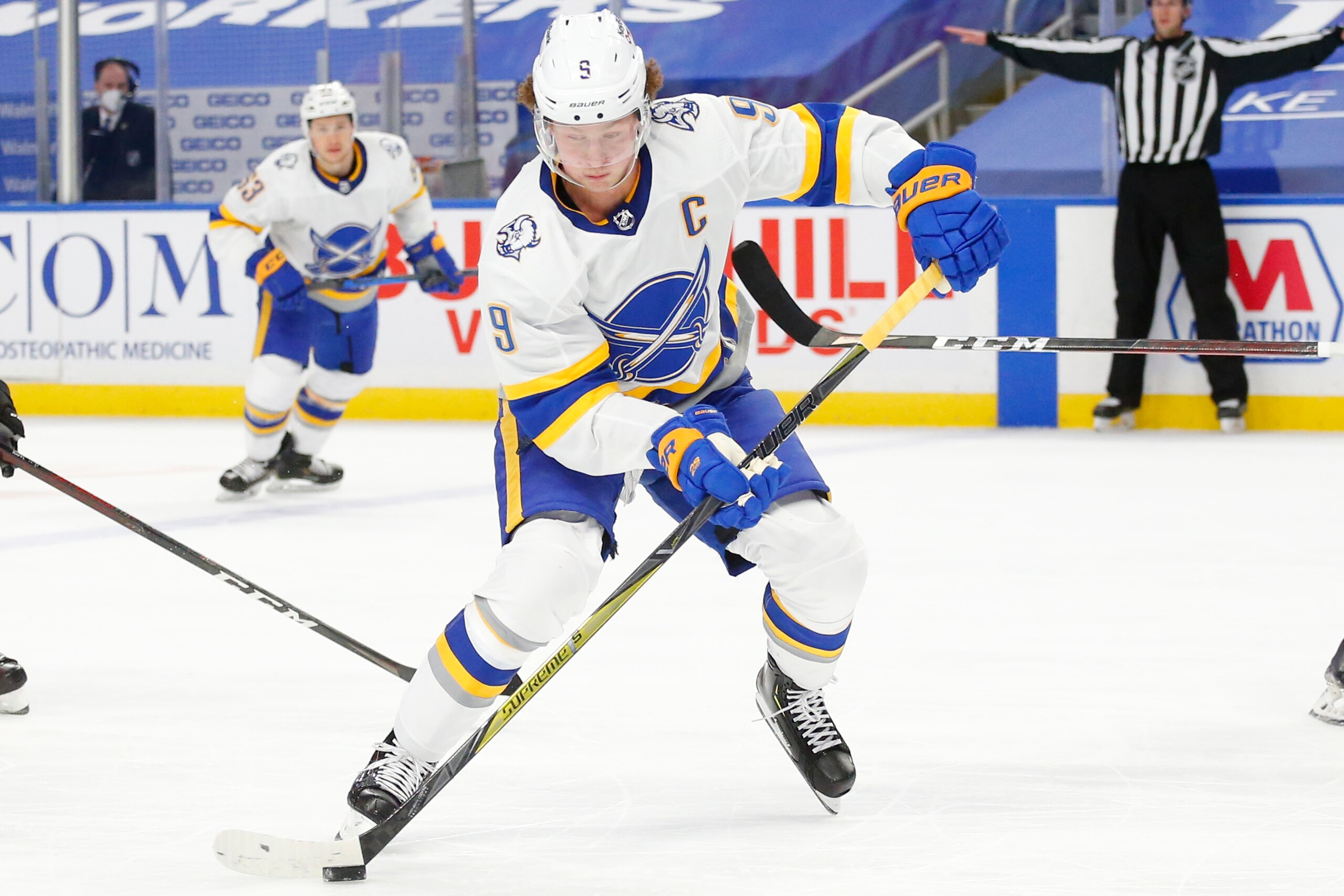 Buffalo Sabres forward Jack Eichel (9) during the second period of an NHL hockey game against the Philadelphia Flyers, Sunday, Feb. 28, 2021, in Buffalo, N.Y. (AP Photo/Jeffrey T. Barnes)