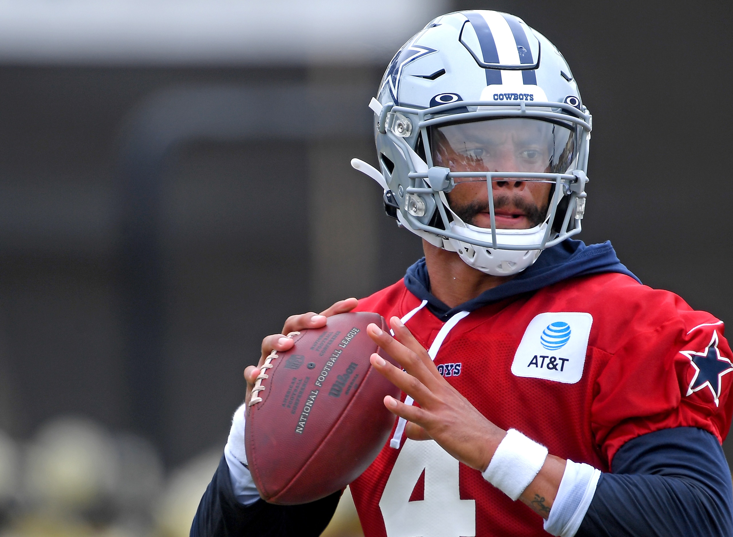 OXNARD, CA - JULY 24: Quarterback Dak Prescott #4 of the Dallas Cowboys throws a pass during training camp at River Ridge Complex on July 24, 2021 in Oxnard, California. (Photo by Jayne Kamin-Oncea/Getty Images)