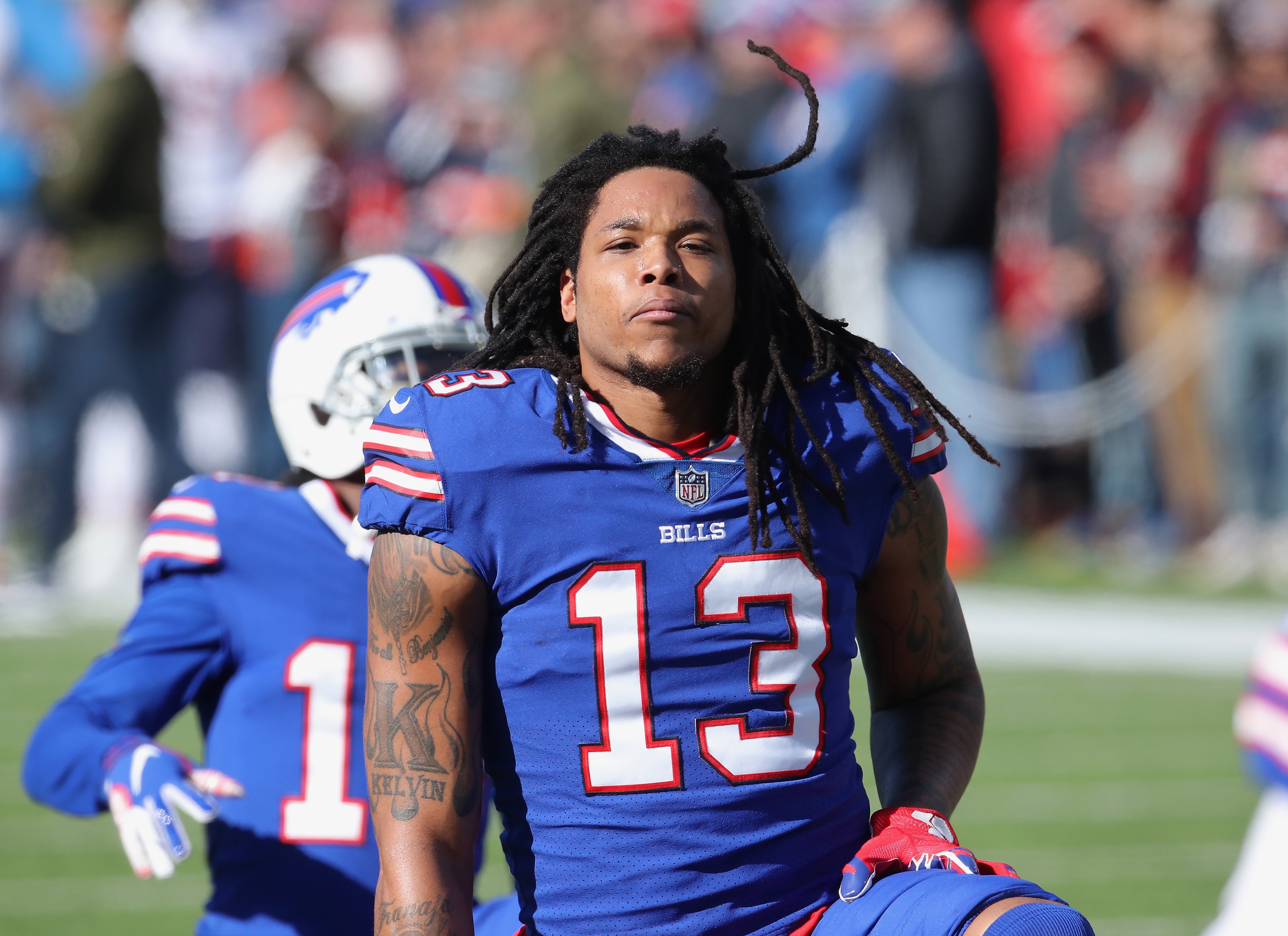 BUFFALO, NY - NOVEMBER 04: Kelvin Benjamin #13 of the Buffalo Bills warms up before the start of NFL game action against the Chicago Bears at New Era Field on November 4, 2018 in Buffalo, New York. (Photo by Tom Szczerbowski/Getty Images)