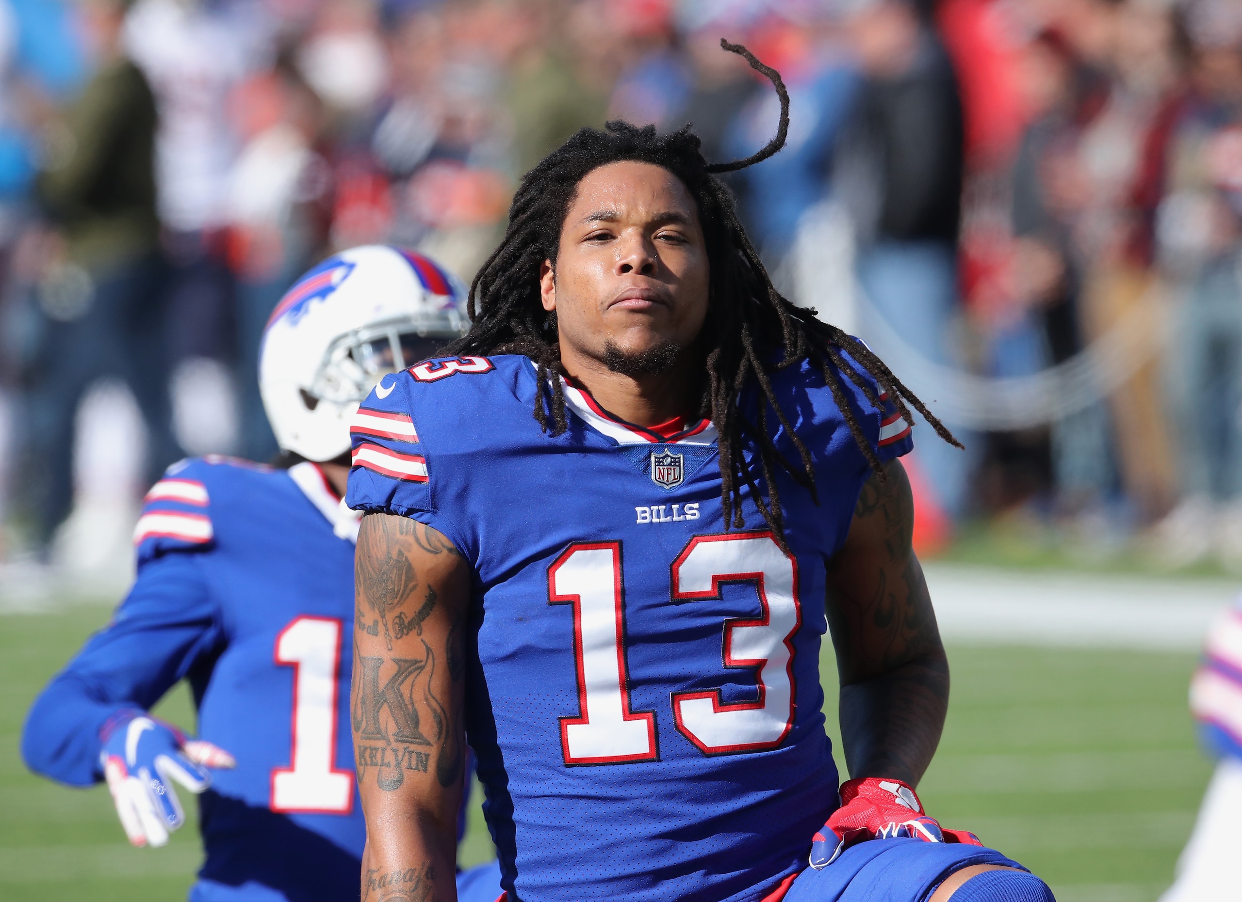 BUFFALO, NY - NOVEMBER 04: Kelvin Benjamin #13 of the Buffalo Bills warms up before the start of NFL game action against the Chicago Bears at New Era Field on November 4, 2018 in Buffalo, New York. (Photo by Tom Szczerbowski/Getty Images)
