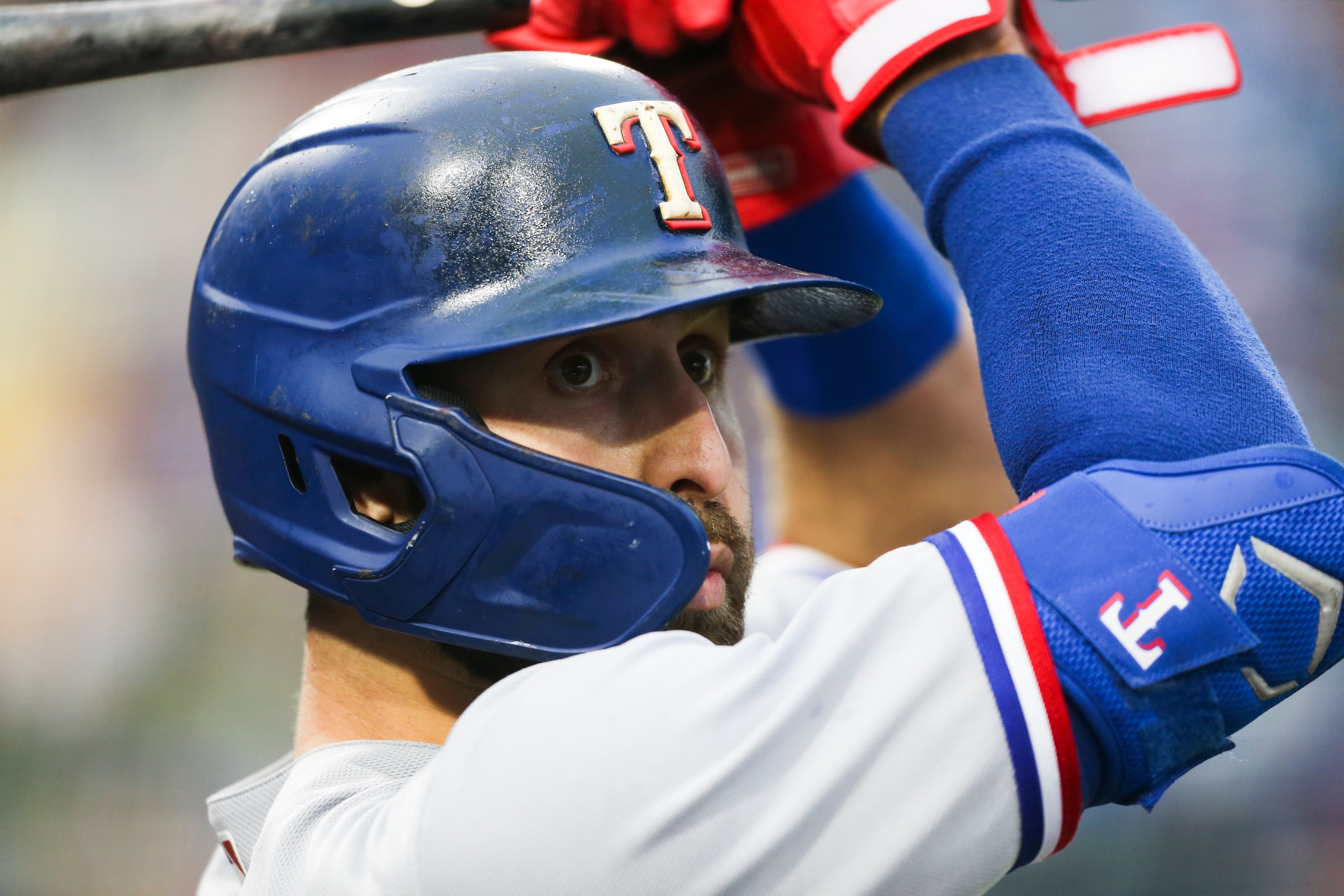 BUFFALO, NEW YORK - JULY 16: Joey Gallo #13 of the Texas Rangers on deck during the third inning against the Toronto Blue Jays at Sahlen Field on July 16, 2021 in Buffalo, New York. (Photo by Joshua Bessex/Getty Images)